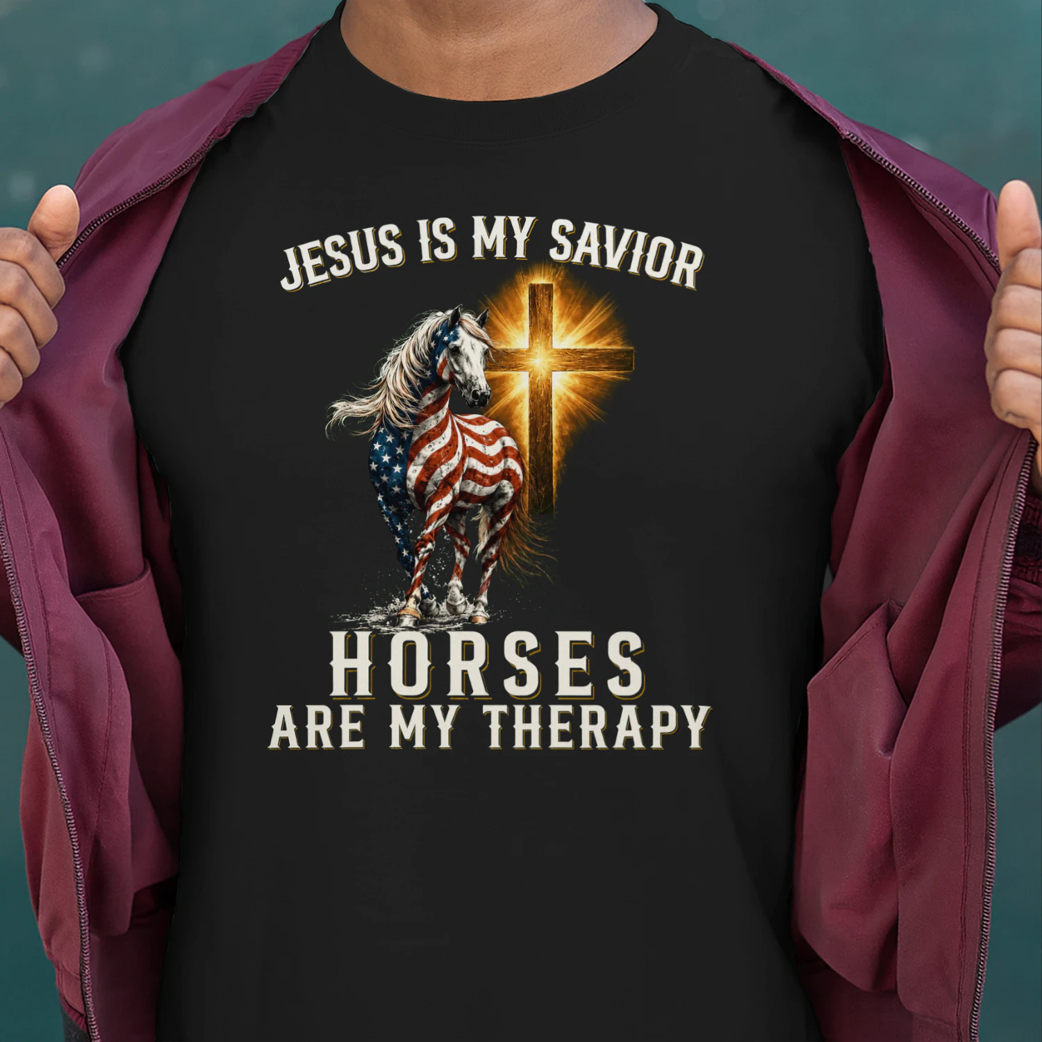 Jesus Savior Horses Therapy Usa Flag