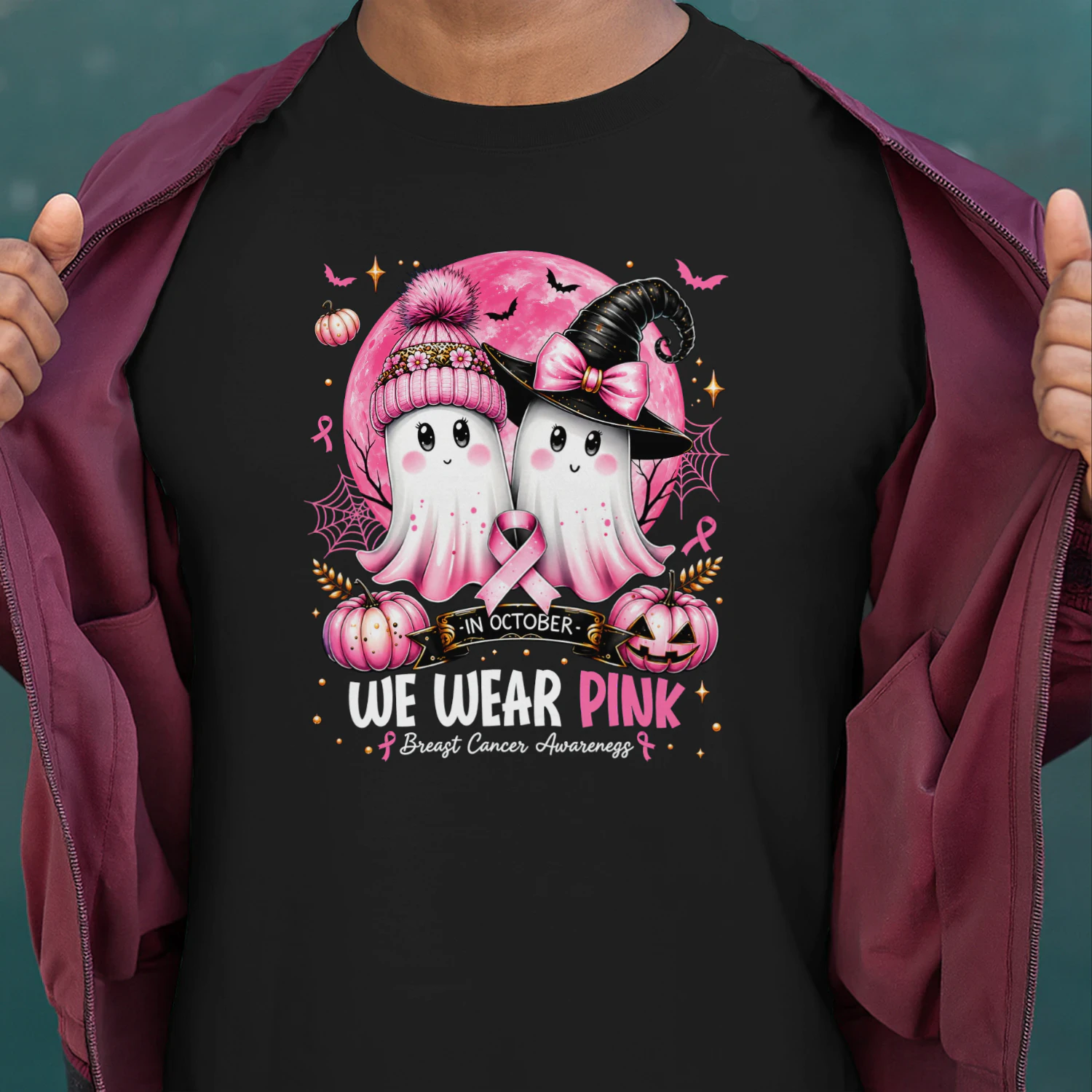 In October We Wear Pink Ghost Witch Breast Cancer Awareness