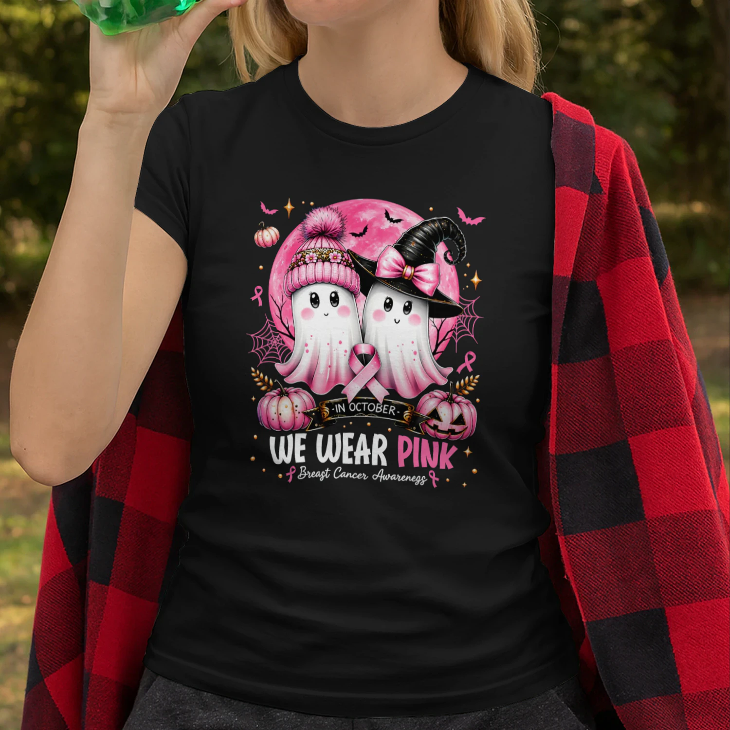 In October We Wear Pink Ghost Witch Breast Cancer Awareness