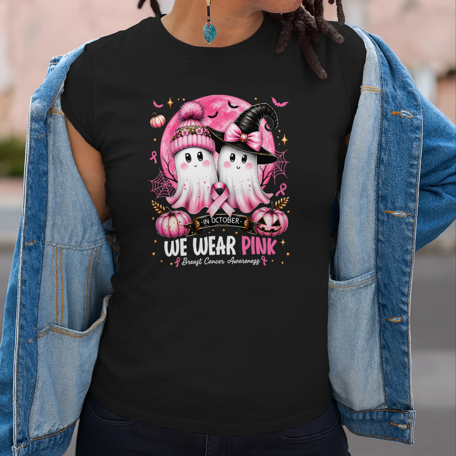 In October We Wear Pink Ghost Witch Breast Cancer Awareness