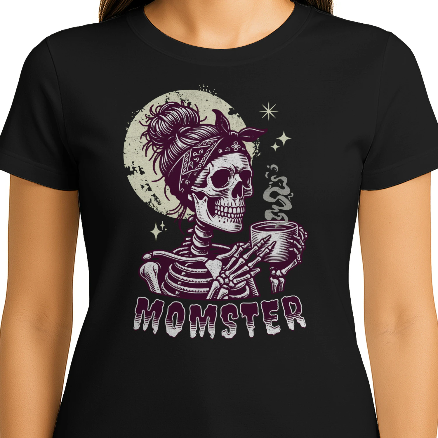 Funny Momster Skeleton Coffee Messy Bun Halloween Shirt for Women