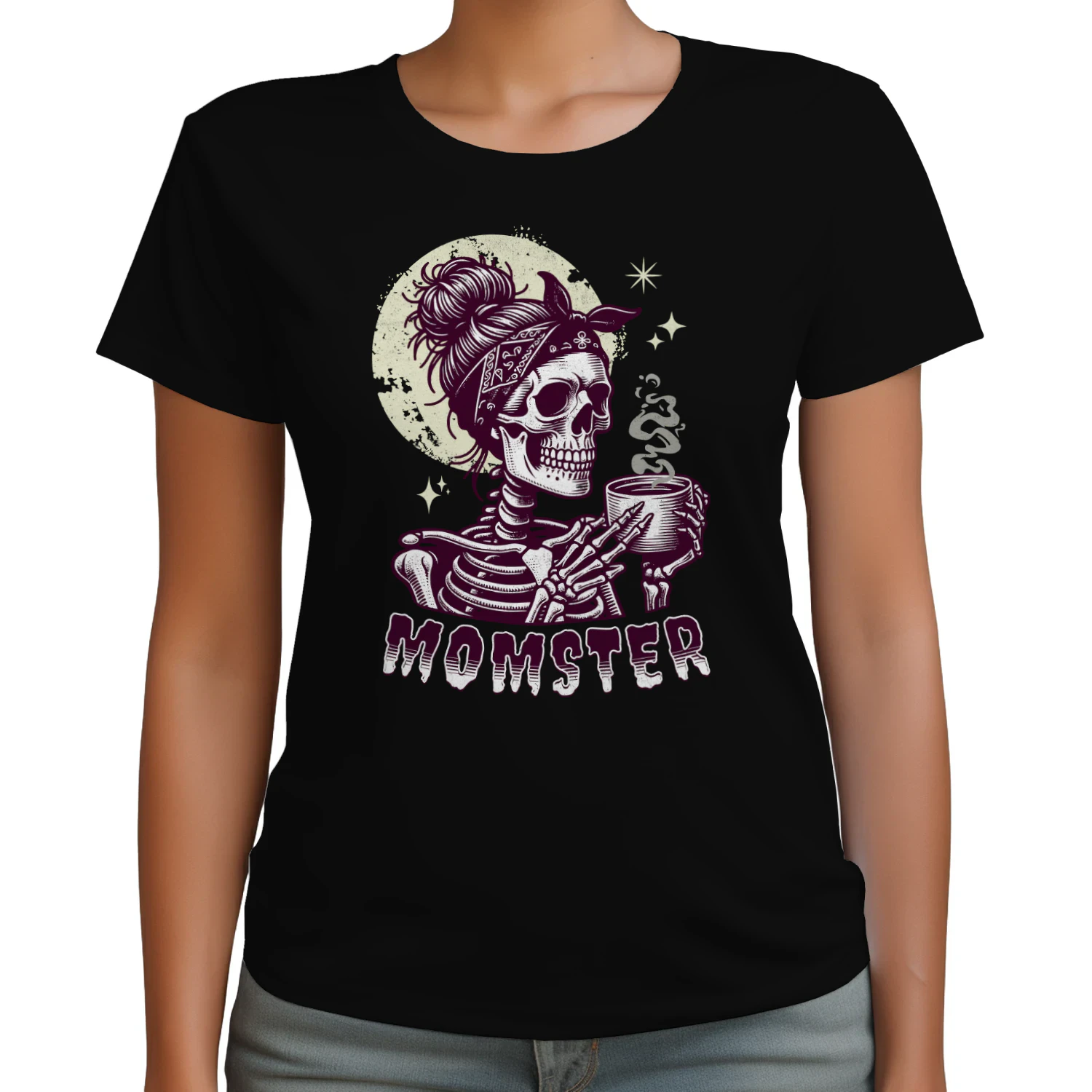 Funny Momster Skeleton Coffee Messy Bun Halloween Shirt for Women