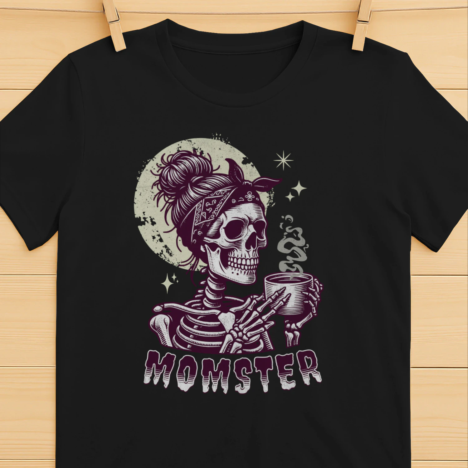 Funny Momster Skeleton Coffee Messy Bun Halloween Shirt for Women