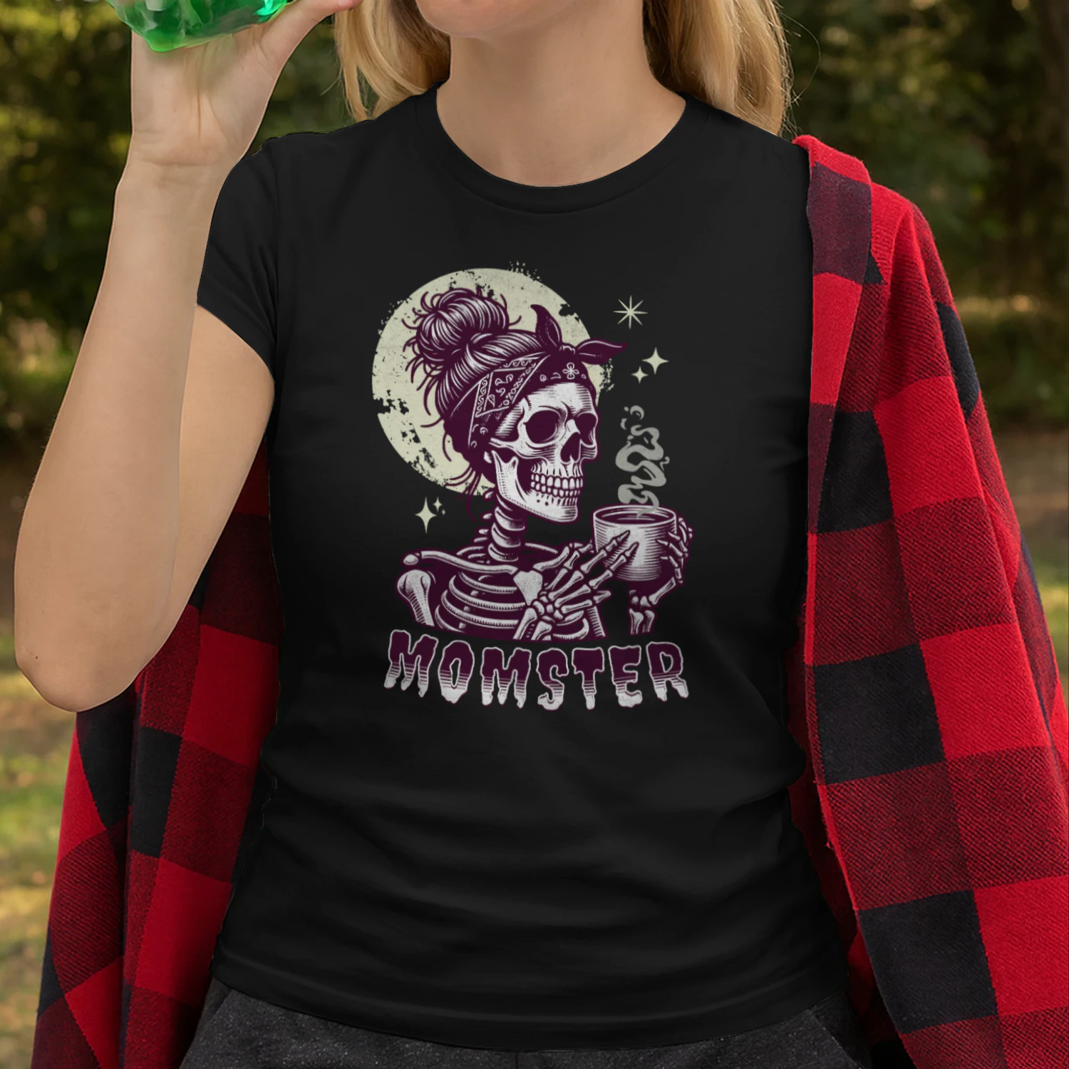 Funny Momster Skeleton Coffee Messy Bun Halloween Shirt for Women