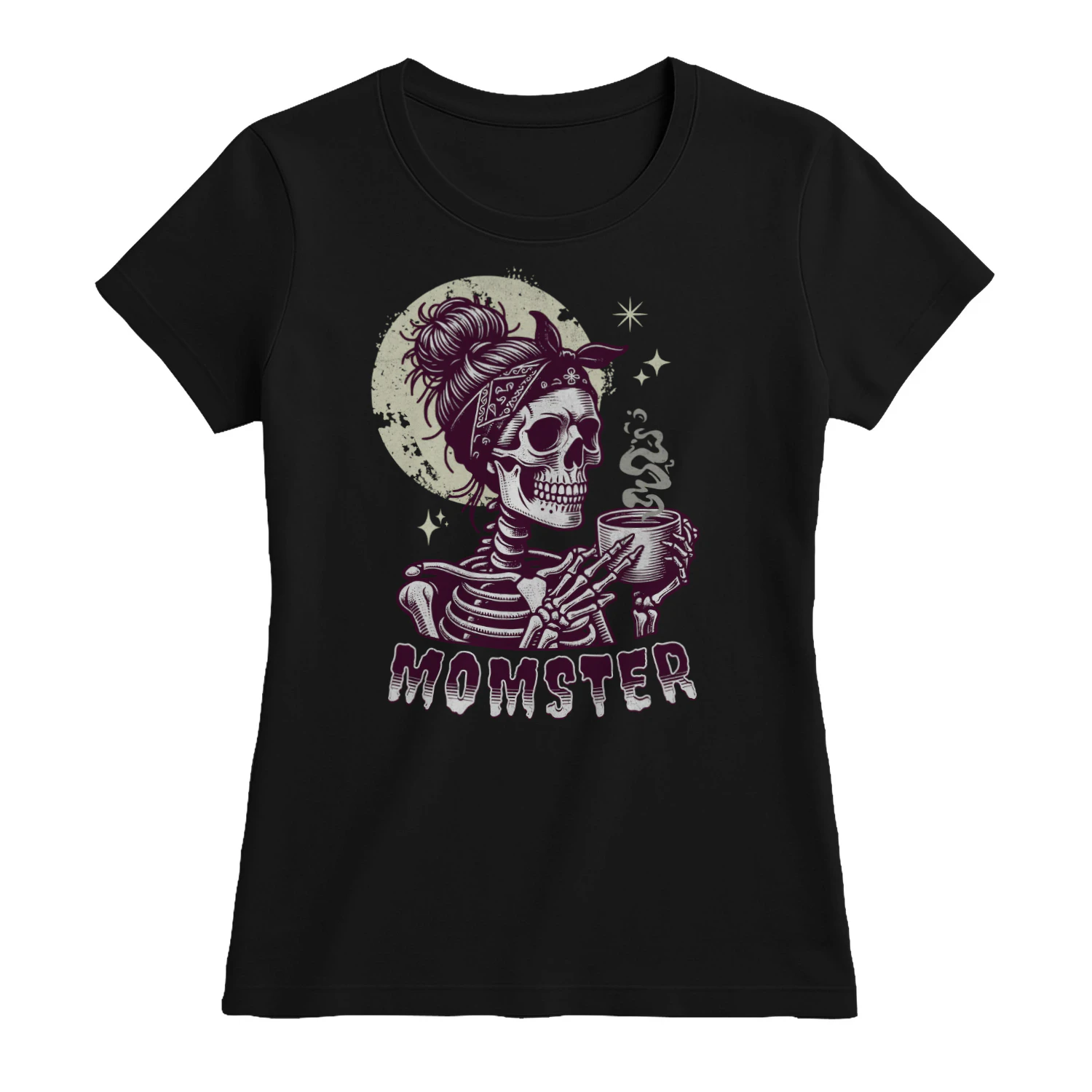 Funny Momster Skeleton Coffee Messy Bun Halloween Shirt for Women