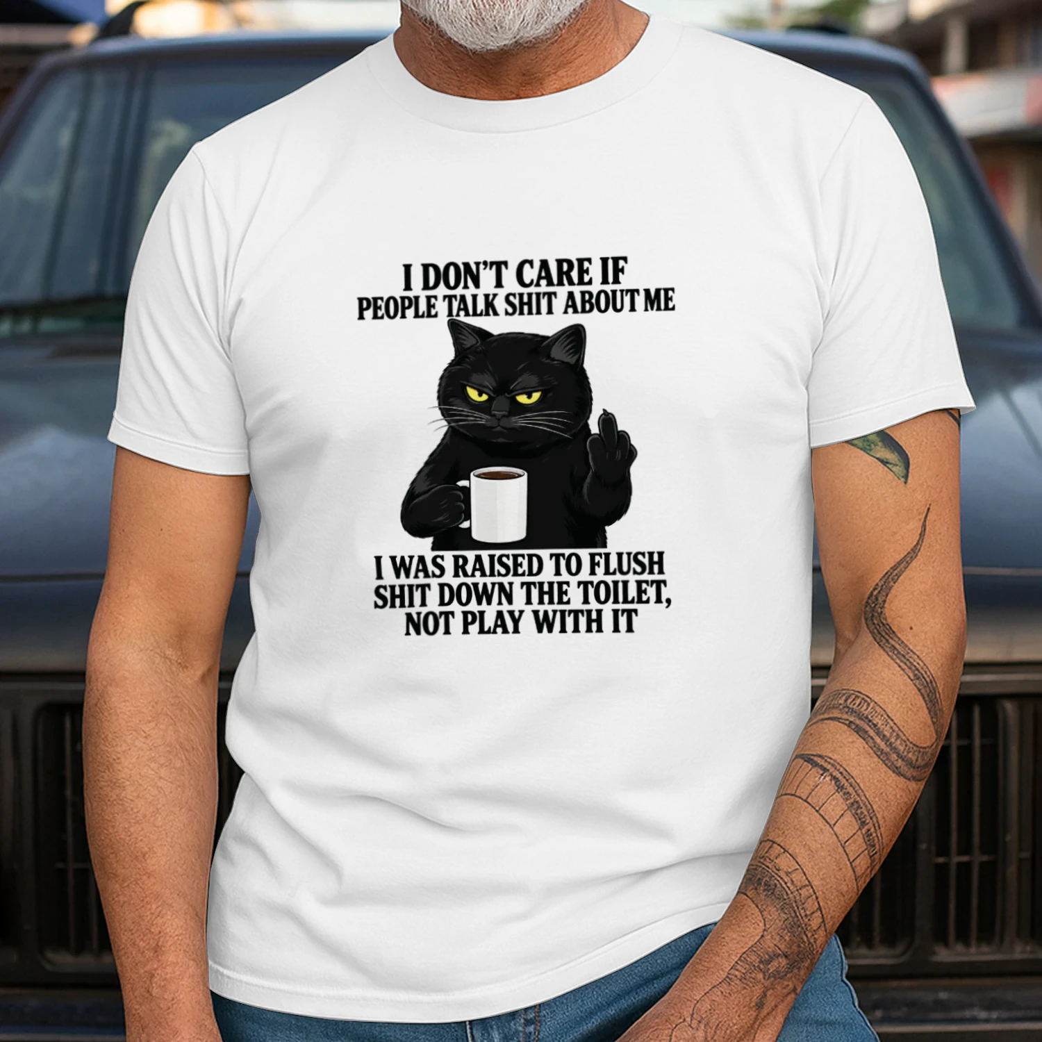 I Don’t Care If People Talk Shit About Me Black Cat Coffee Middle Finger T-shirt