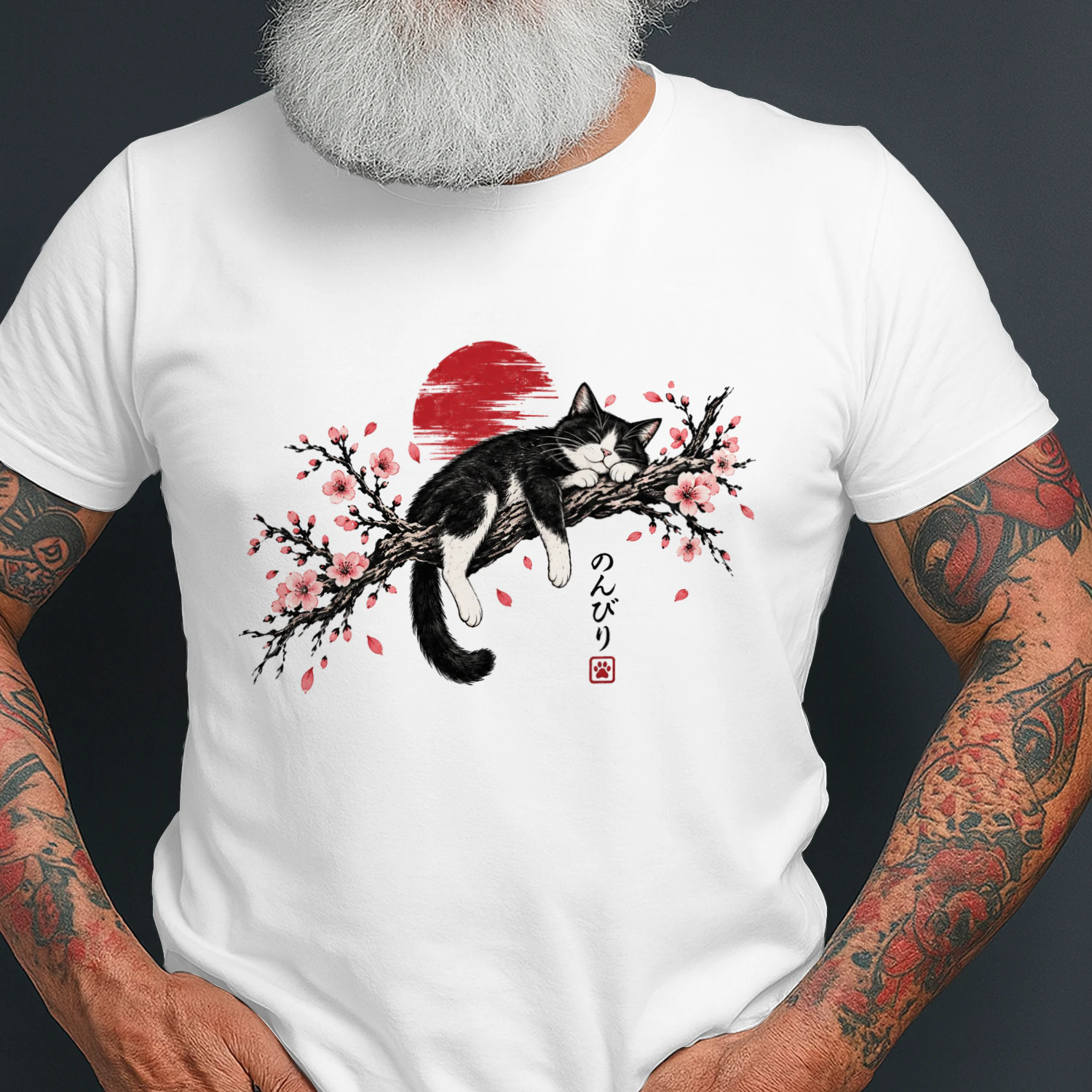 Japanese Style Cat Sleeping on Sakura Branch T-Shirt