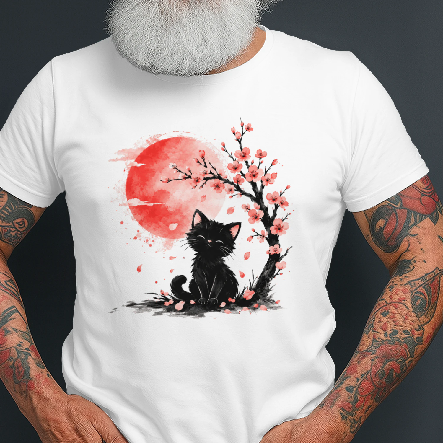 Cute Black Cat T-Shirt, Japanese Sakura Flowers & Red Moon Art Tee