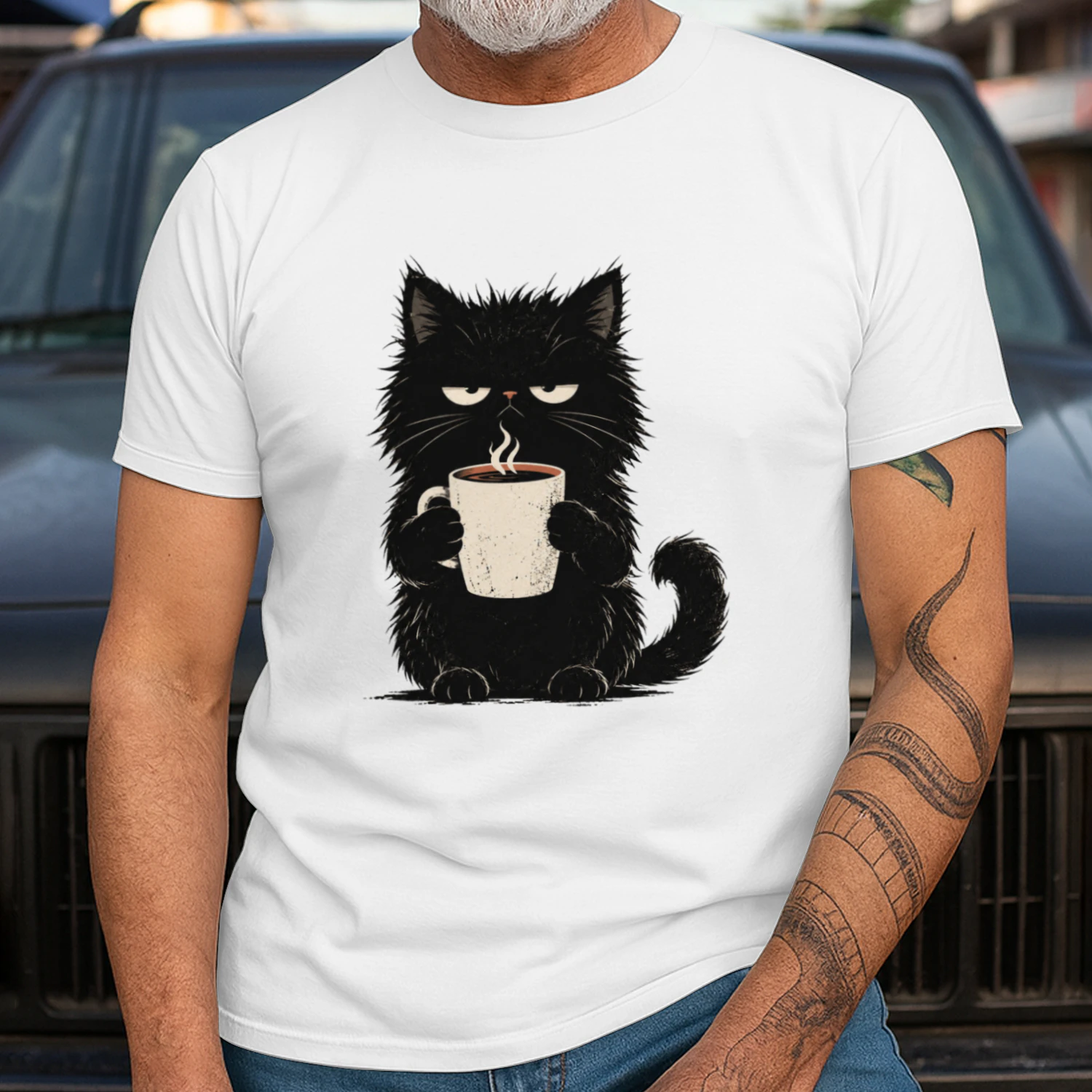 Funny Grumpy Black Cat Coffee T-Shirt