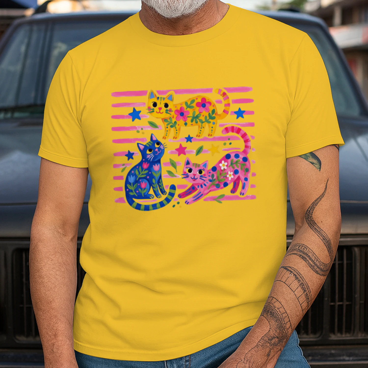 Colorful Floral Folk Art Cats T-Shirt