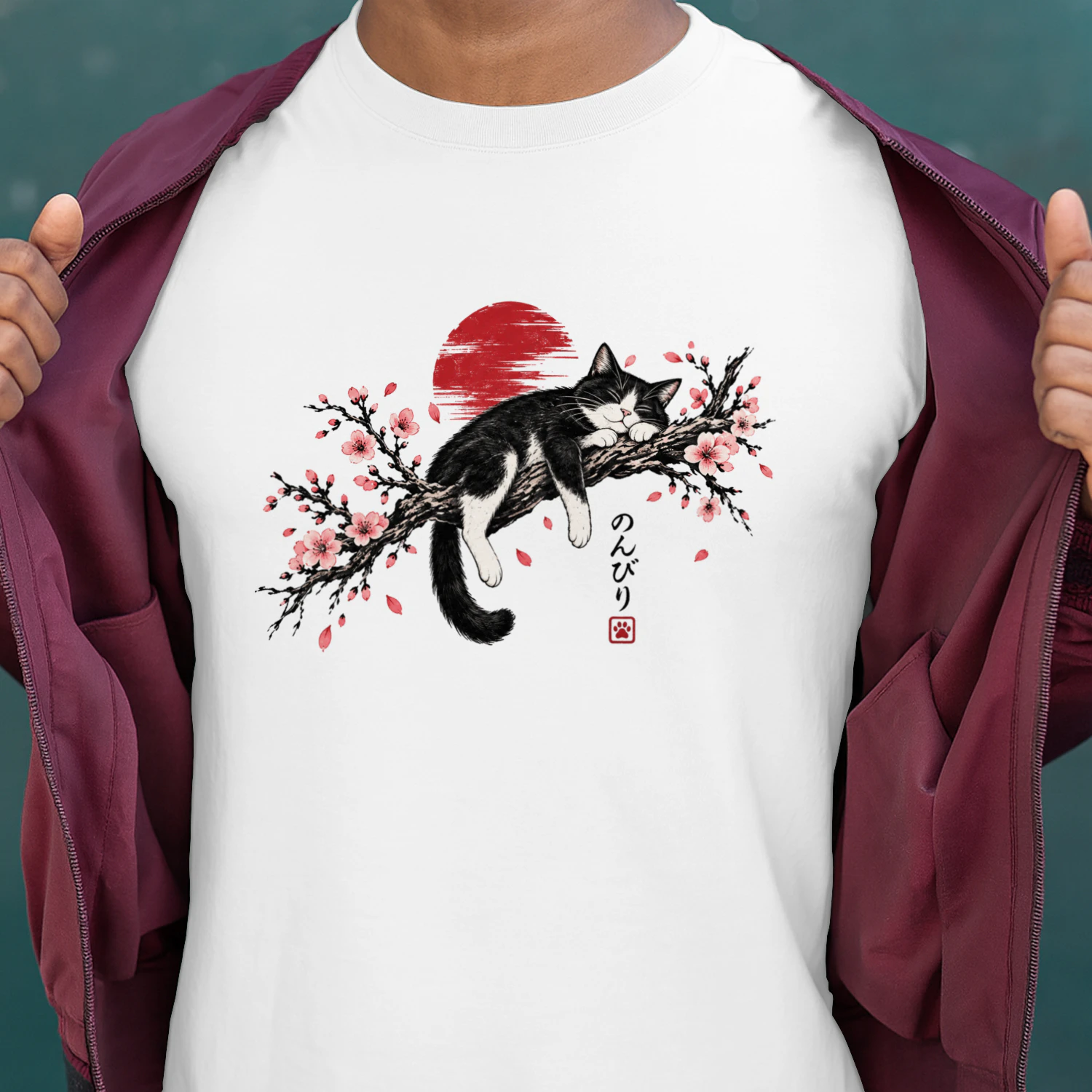 Japanese Style Cat Sleeping on Sakura Branch T-Shirt
