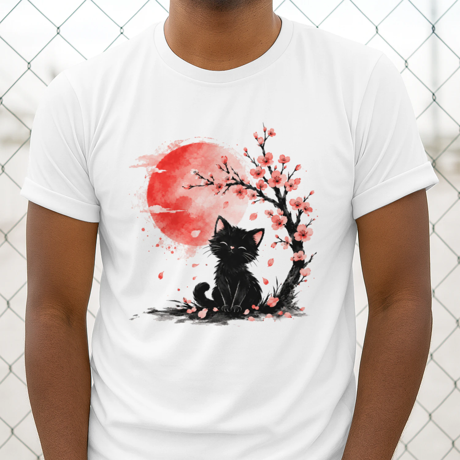 Cute Black Cat T-Shirt, Japanese Sakura Flowers & Red Moon Art Tee