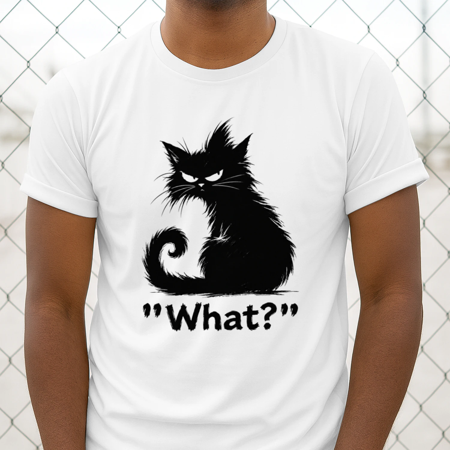 Funny Grumpy Black Cat "What?" T-Shirt
