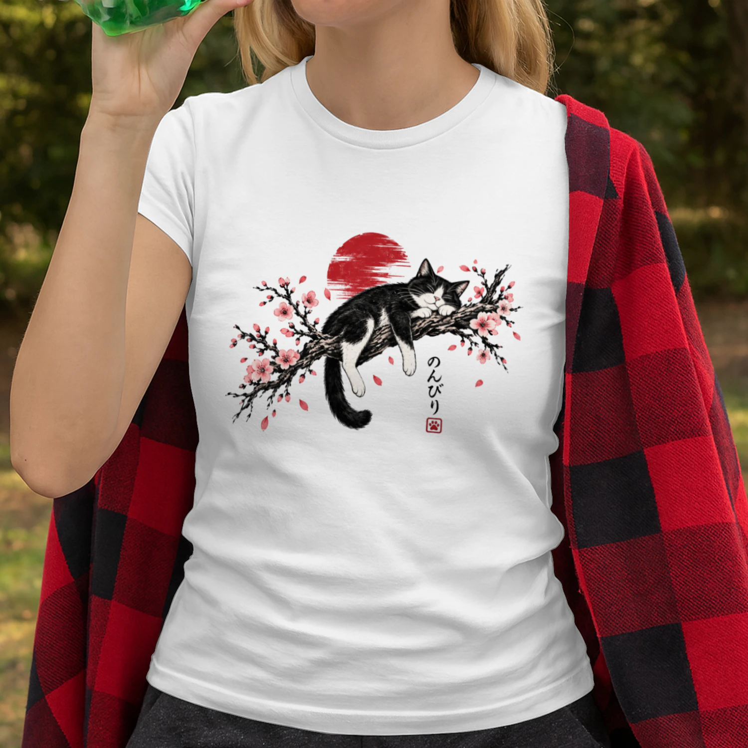 Japanese Style Cat Sleeping on Sakura Branch T-Shirt