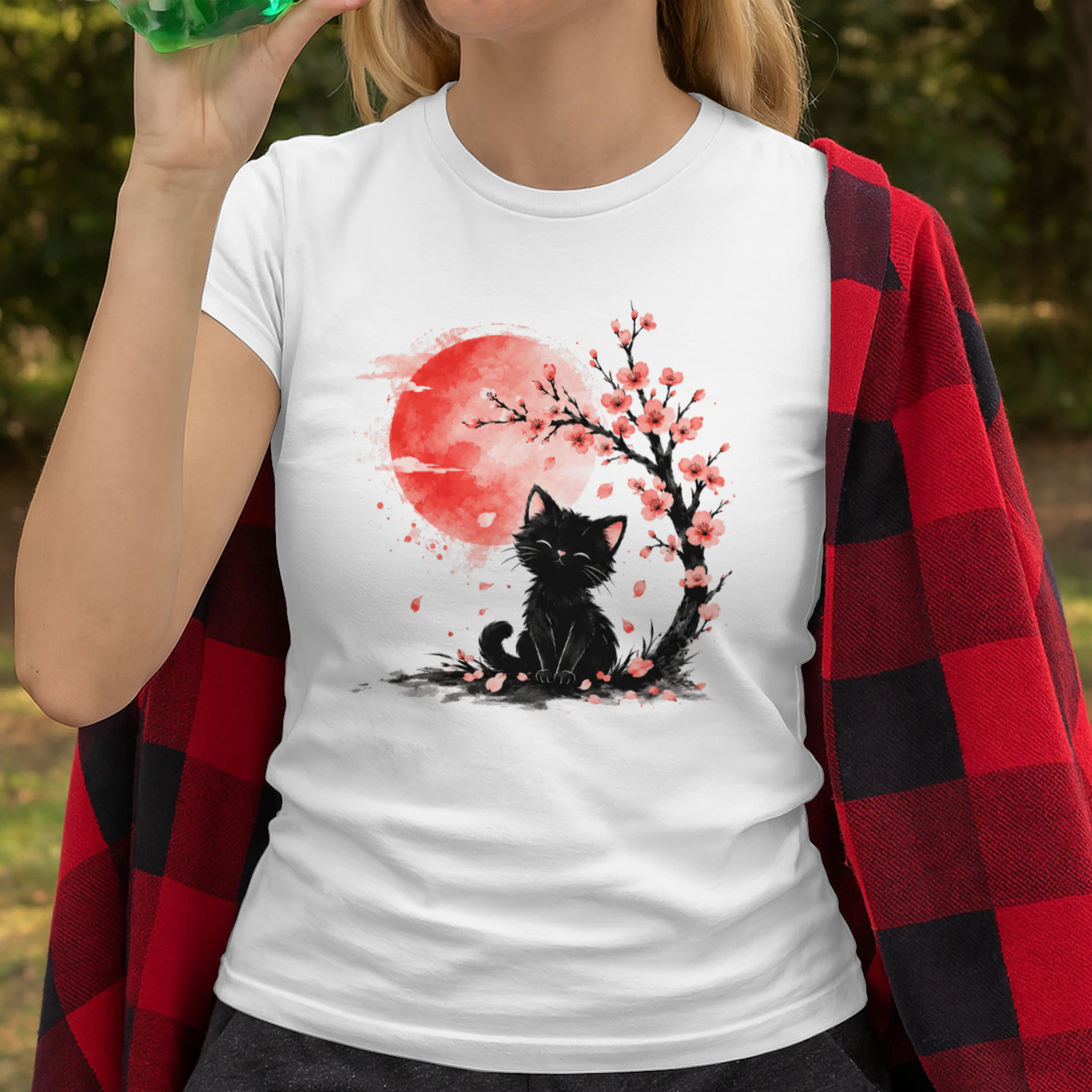 Cute Black Cat T-Shirt, Japanese Sakura Flowers & Red Moon Art Tee
