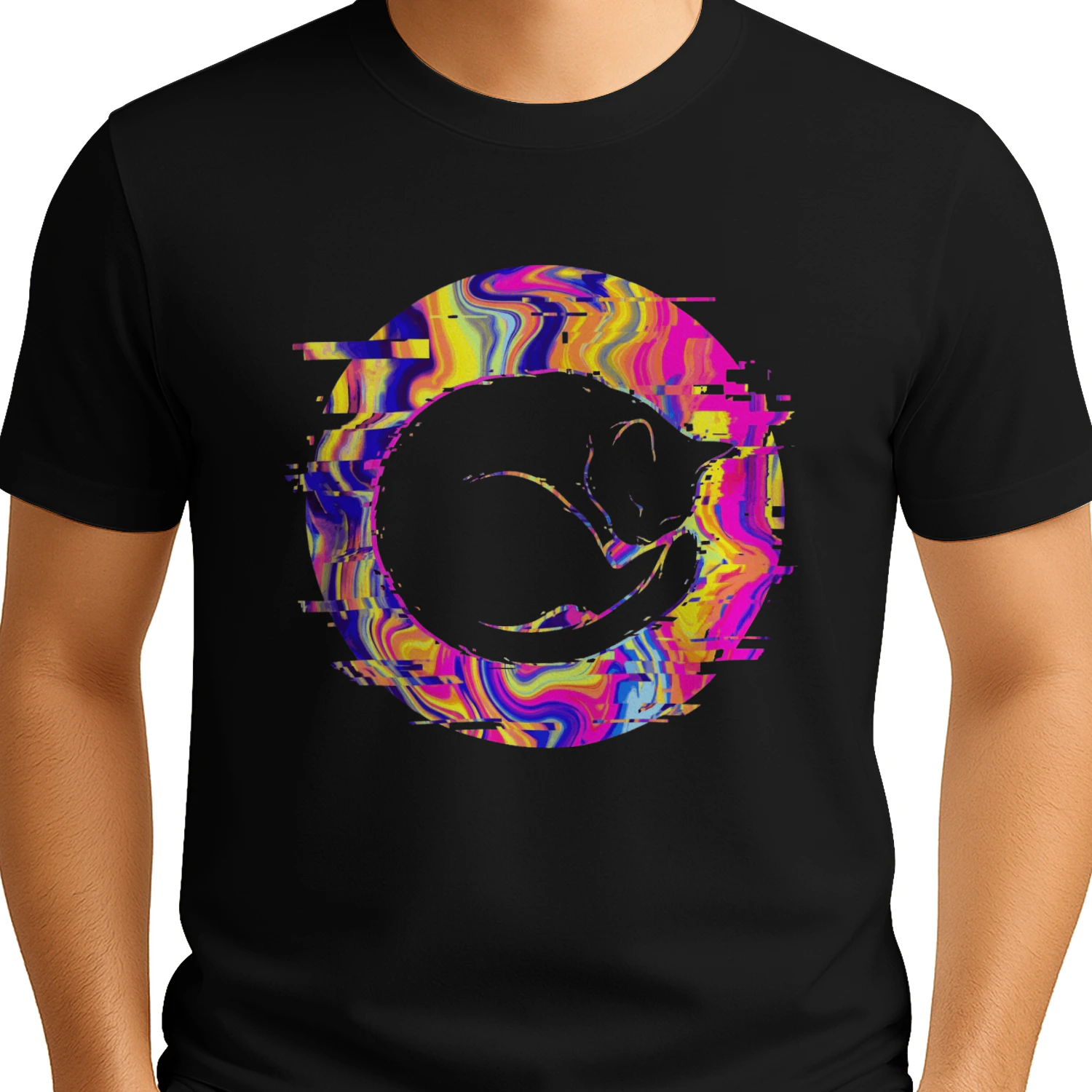 Psychedelic Sleeping Cat Glitch Graphic T-Shirt