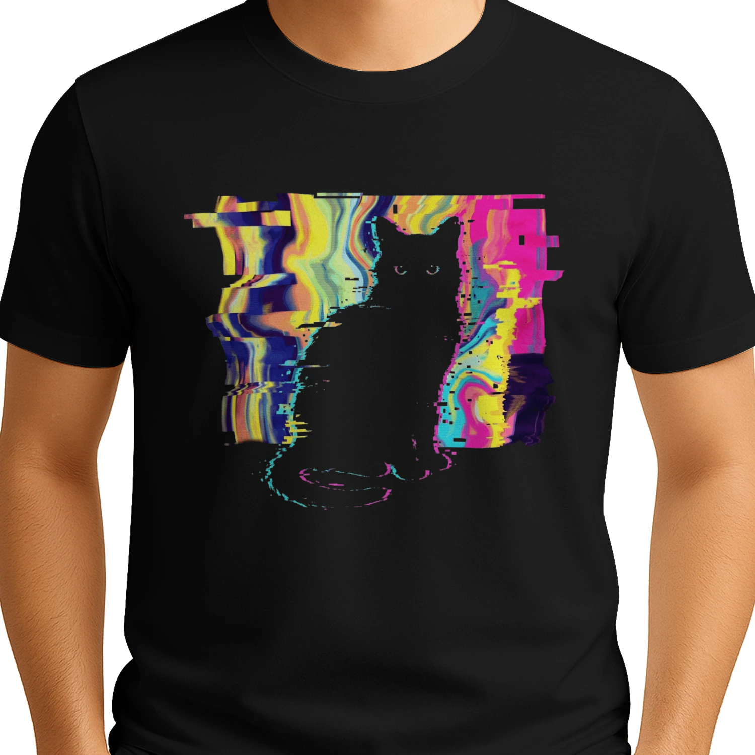 Cyberpunk Glitch Black Cat Graphic T-Shirt