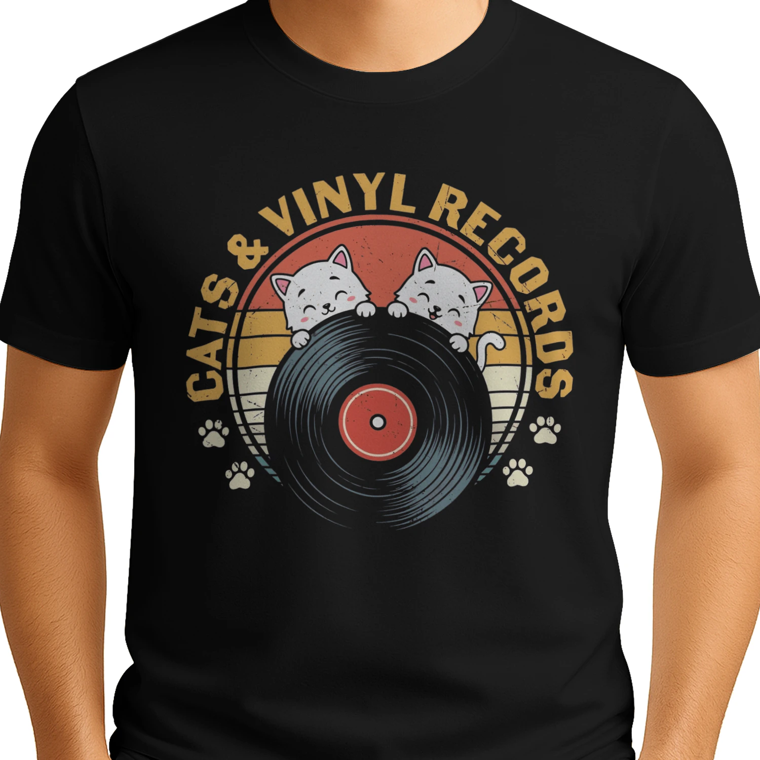 Retro Cats & Vinyl Records Graphic T-Shirt
