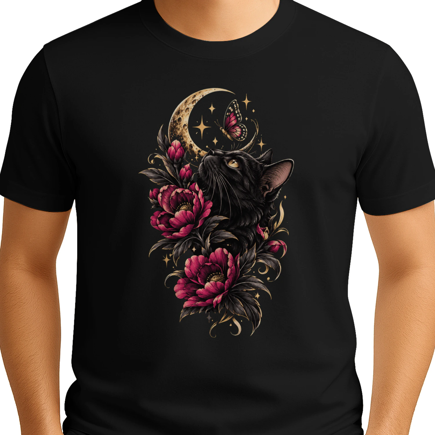 Gothic Black Cat Crescent Moon T-Shirt