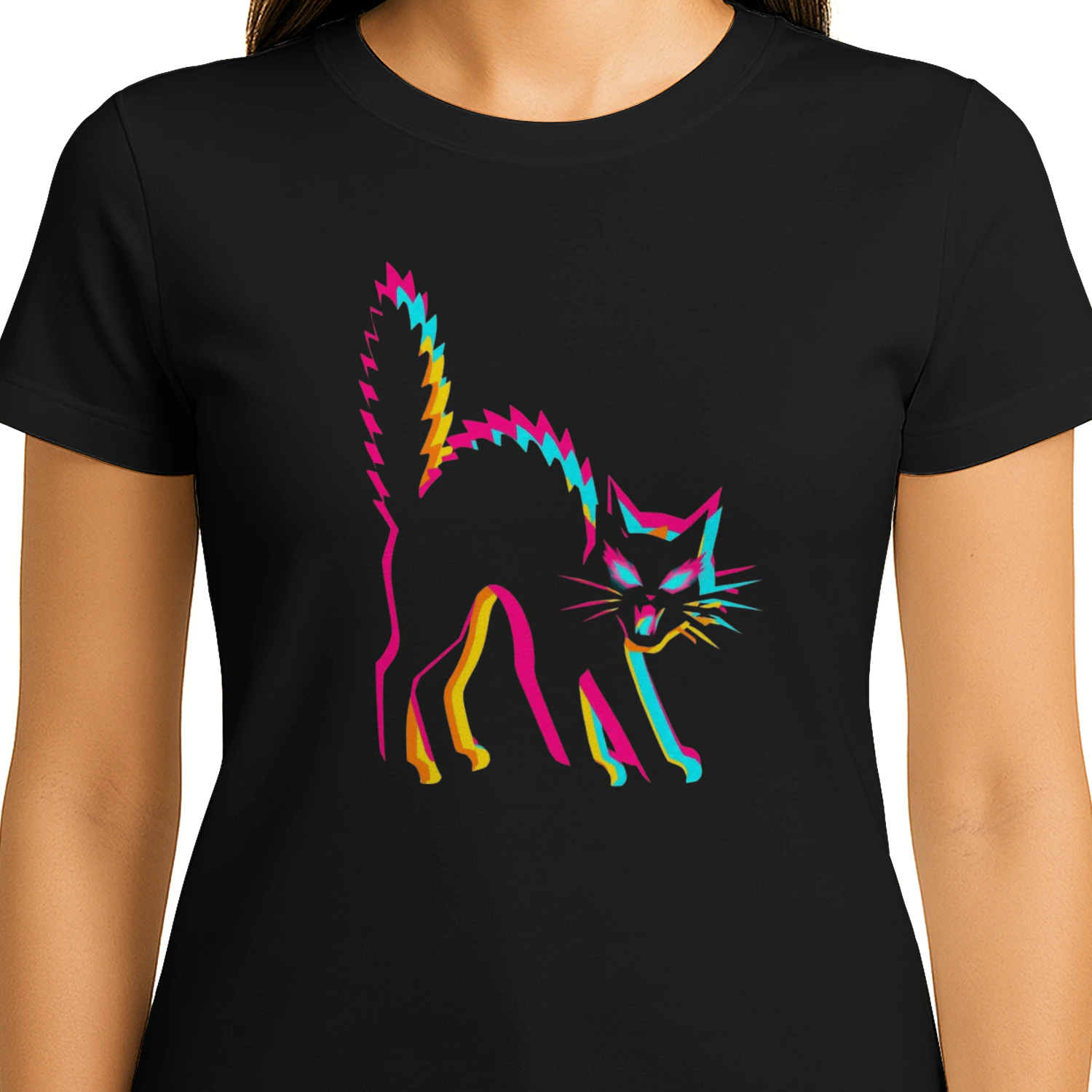 Vibrant Neon Black Cat T-Shirt