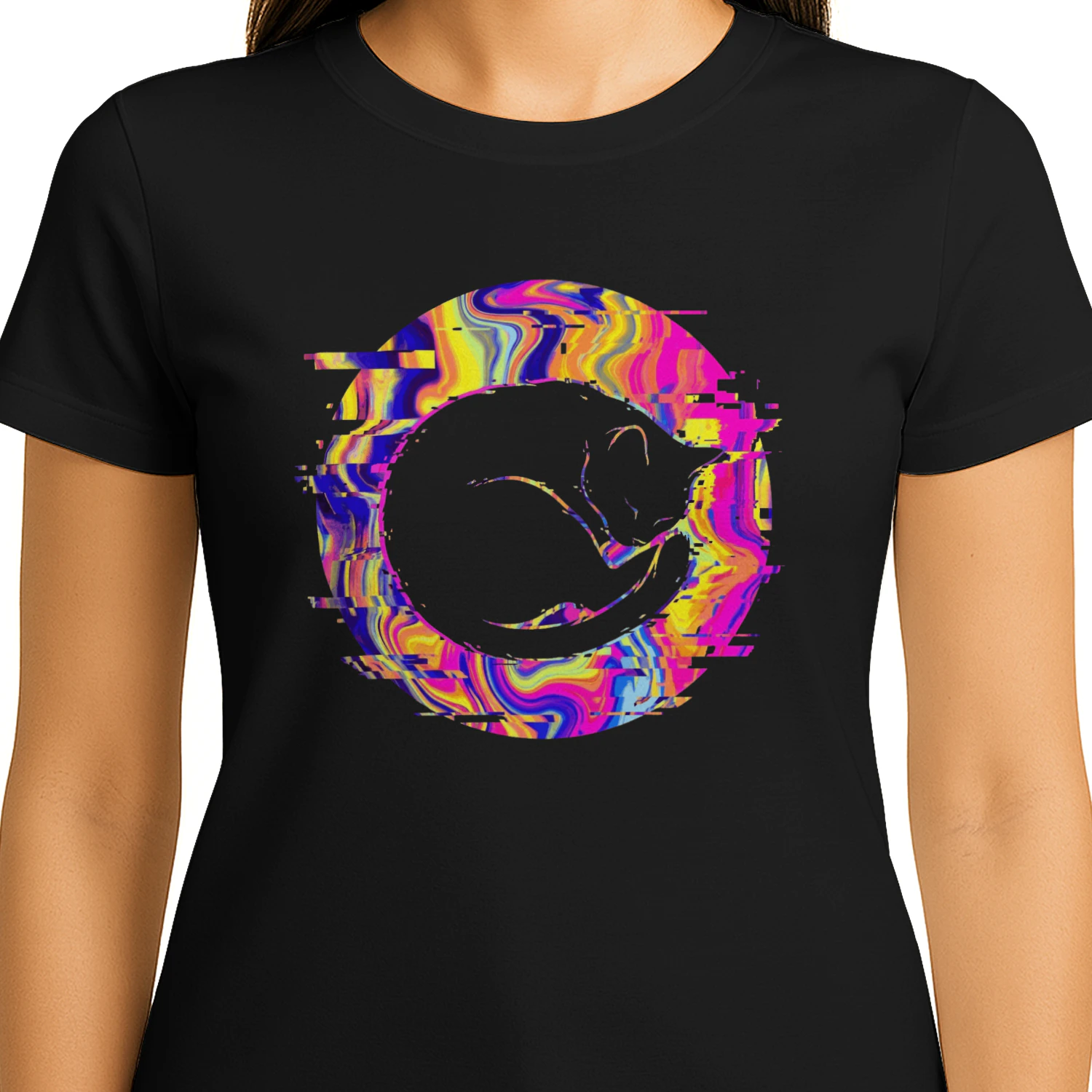 Psychedelic Sleeping Cat Glitch Graphic T-Shirt