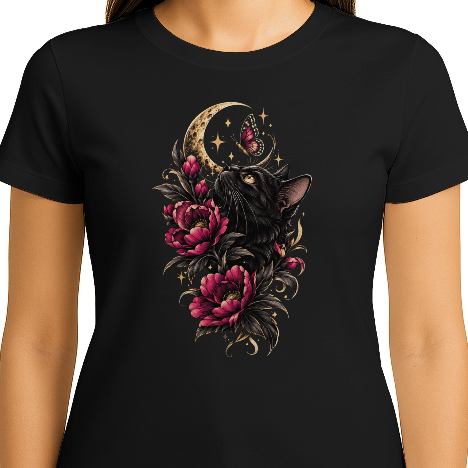 Gothic Black Cat Crescent Moon T-Shirt