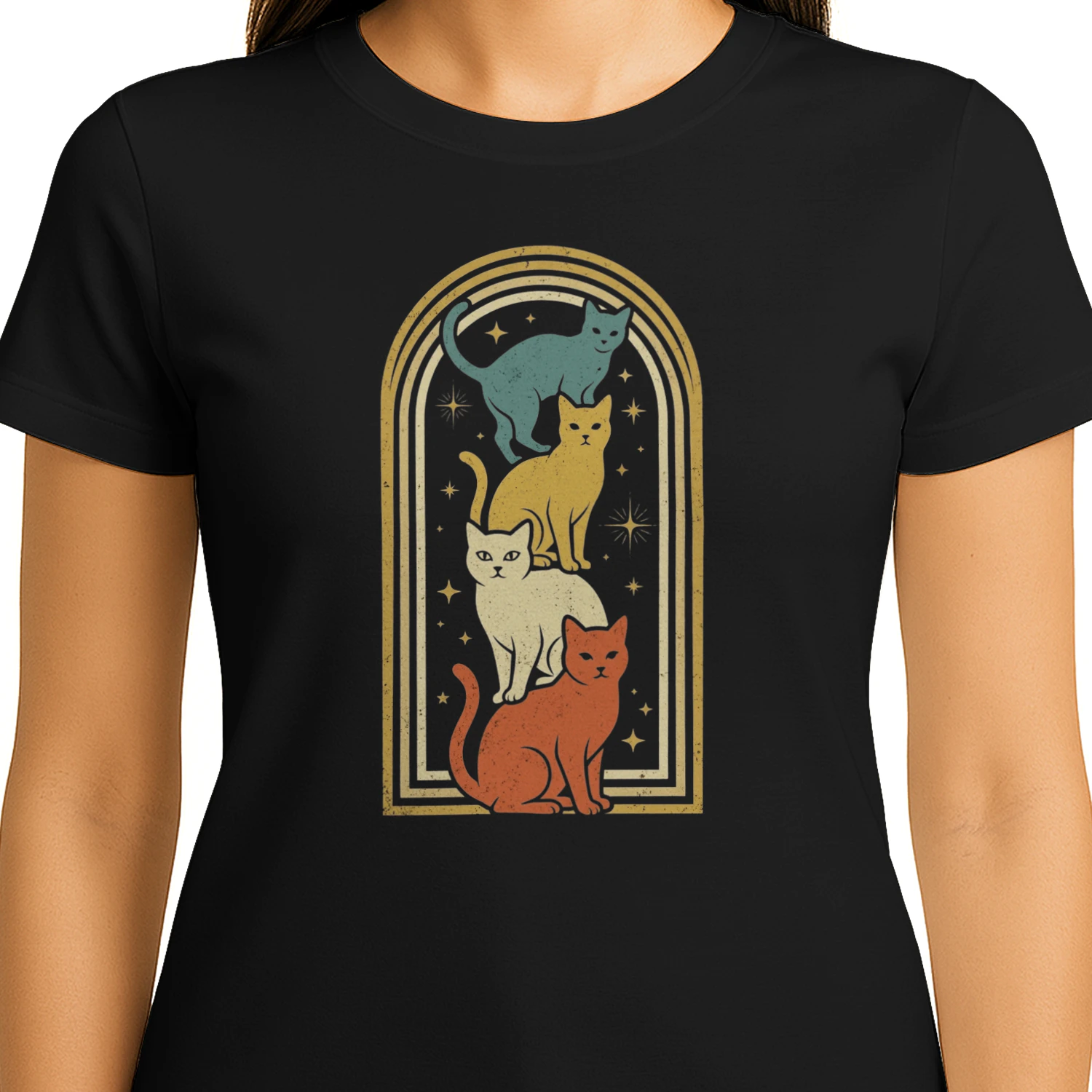 Vintage Celestial Cats Graphic T-Shirt