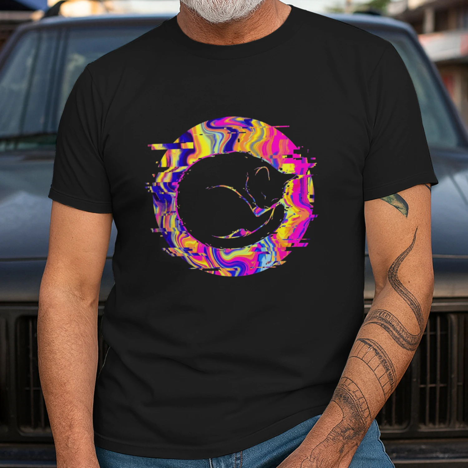 Psychedelic Sleeping Cat Glitch Graphic T-Shirt