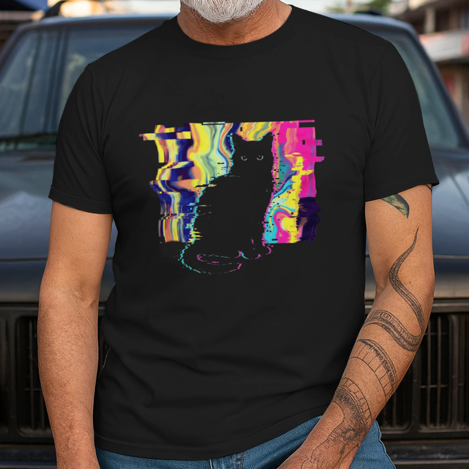 Cyberpunk Glitch Black Cat Graphic T-Shirt