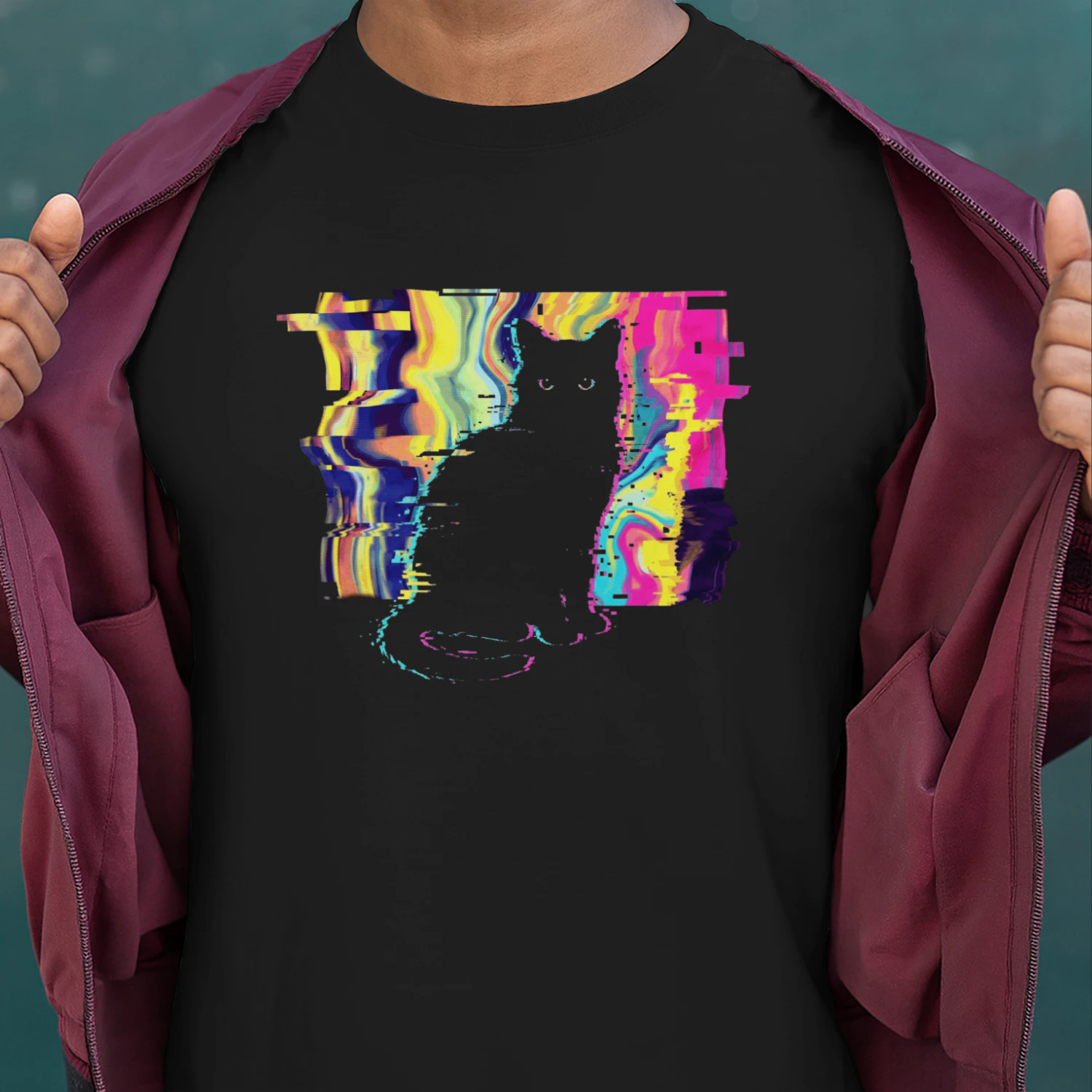 Cyberpunk Glitch Black Cat Graphic T-Shirt