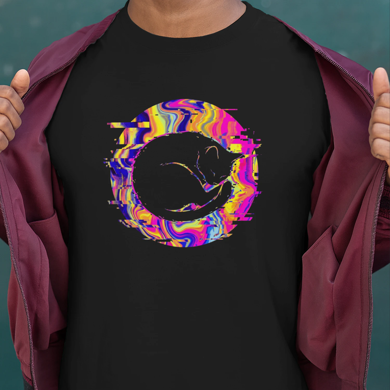 Psychedelic Sleeping Cat Glitch Graphic T-Shirt