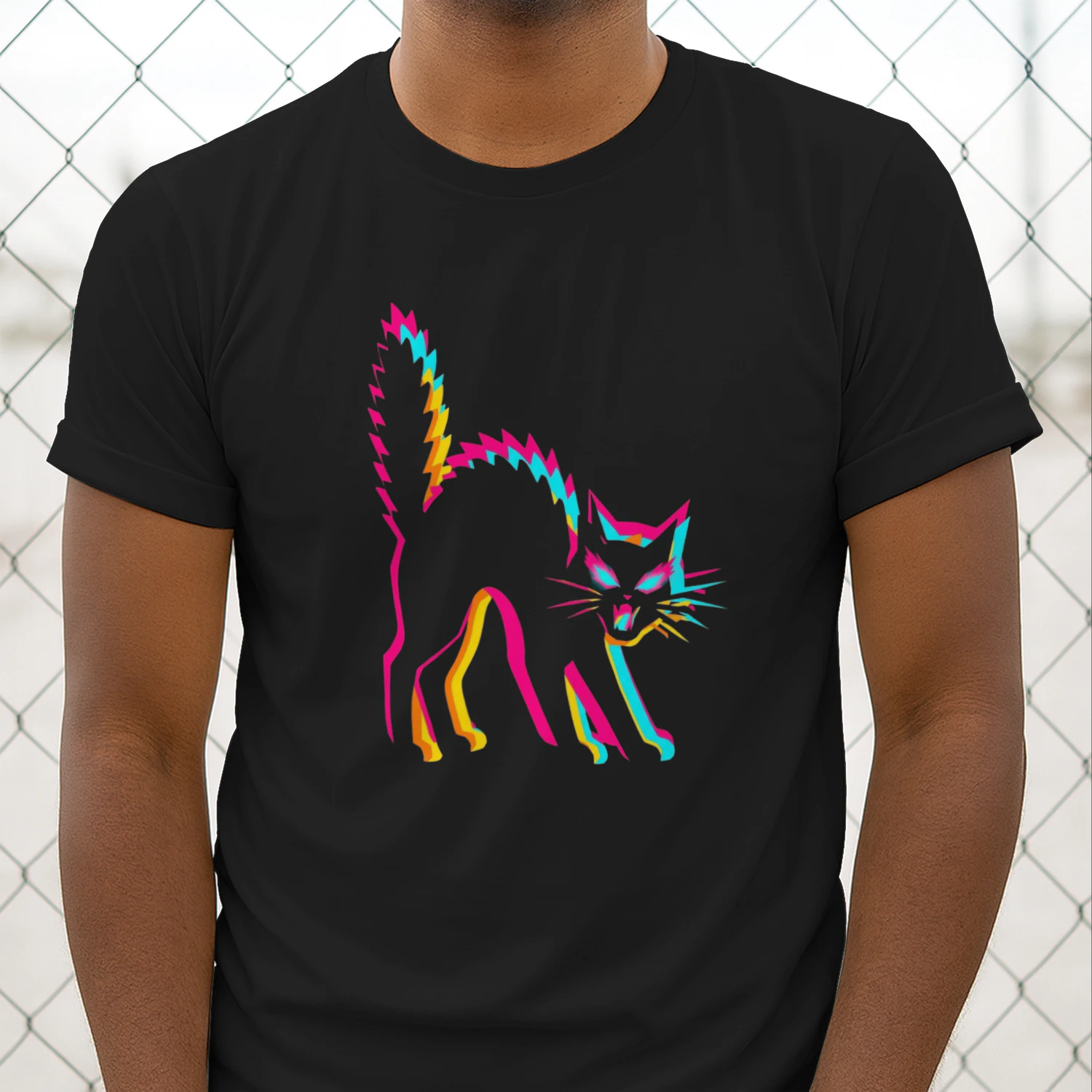 Vibrant Neon Black Cat T-Shirt