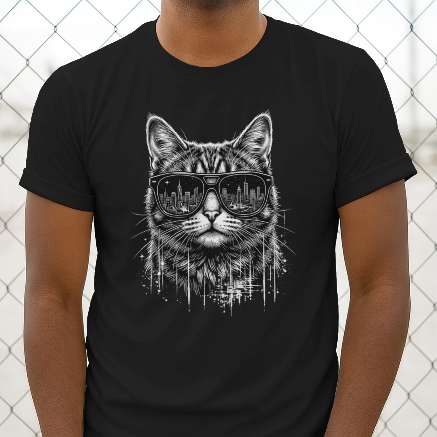 Cool Cat with City Reflection Sunglasses T-Shirt