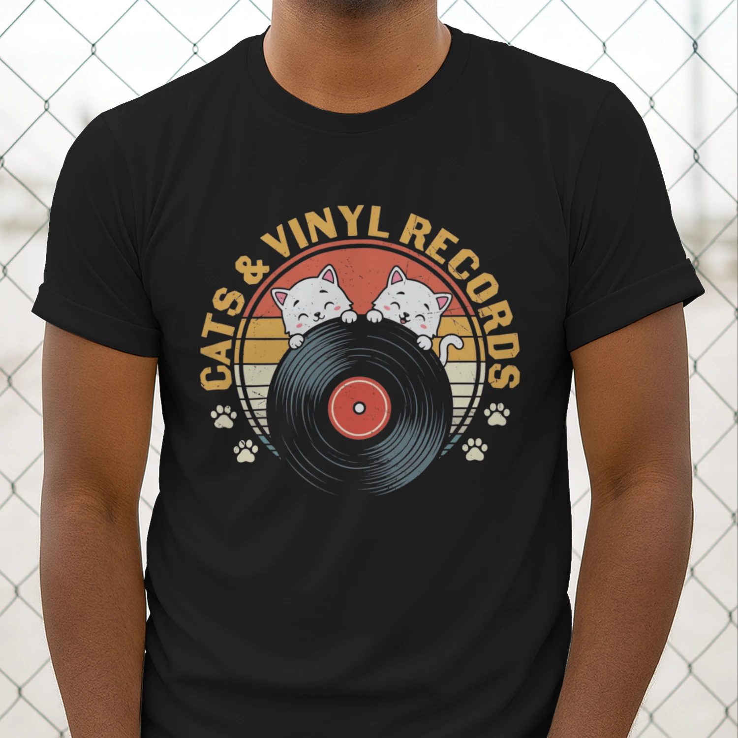 Retro Cats & Vinyl Records Graphic T-Shirt