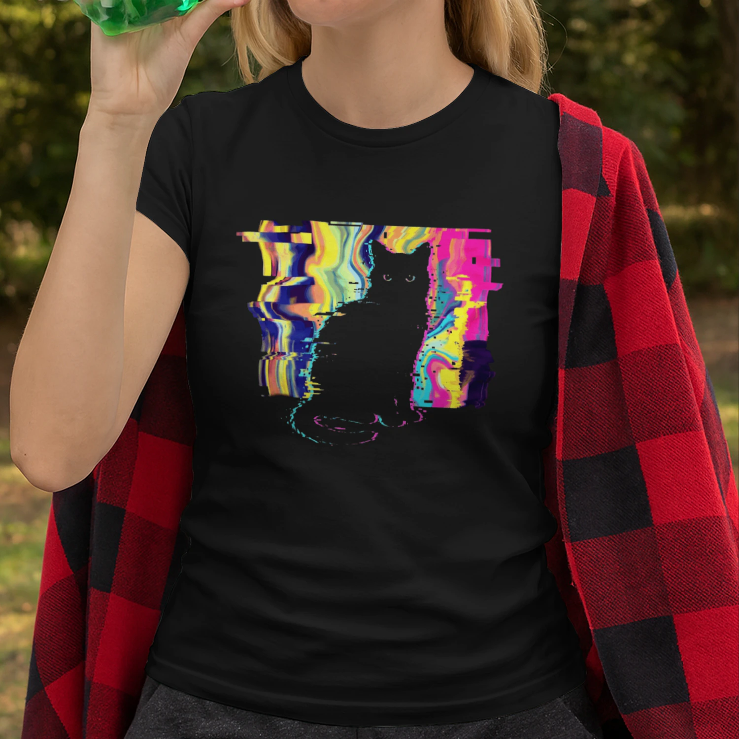 Cyberpunk Glitch Black Cat Graphic T-Shirt
