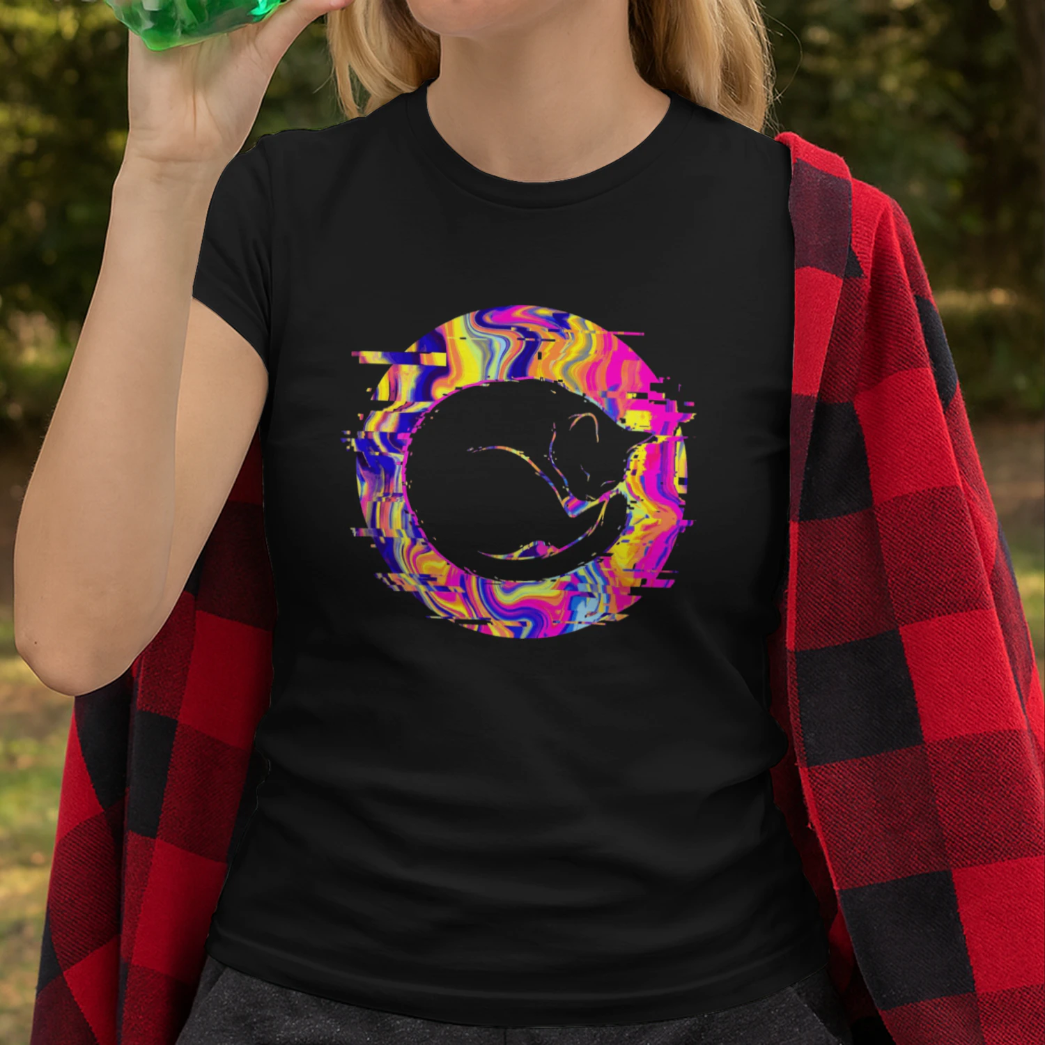 Psychedelic Sleeping Cat Glitch Graphic T-Shirt
