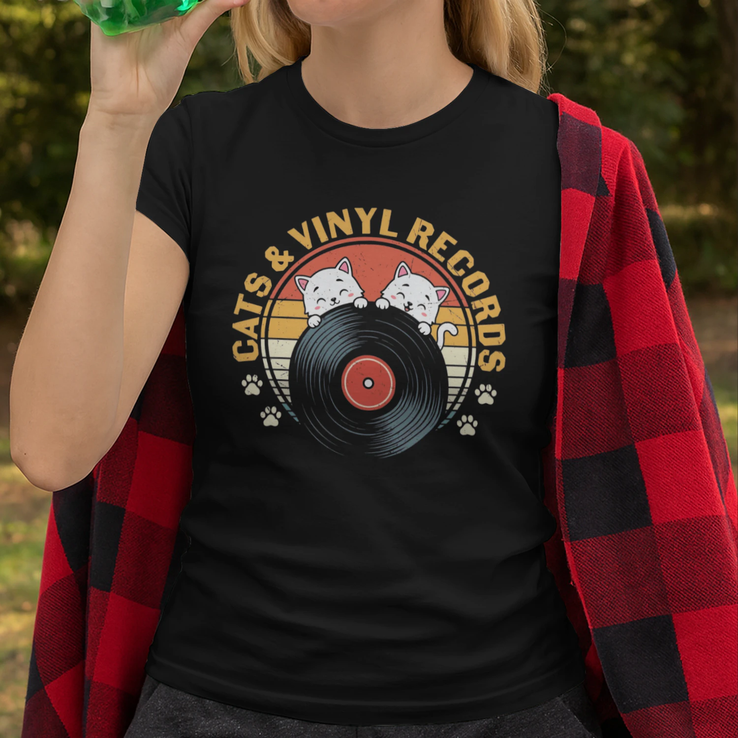 Retro Cats & Vinyl Records Graphic T-Shirt