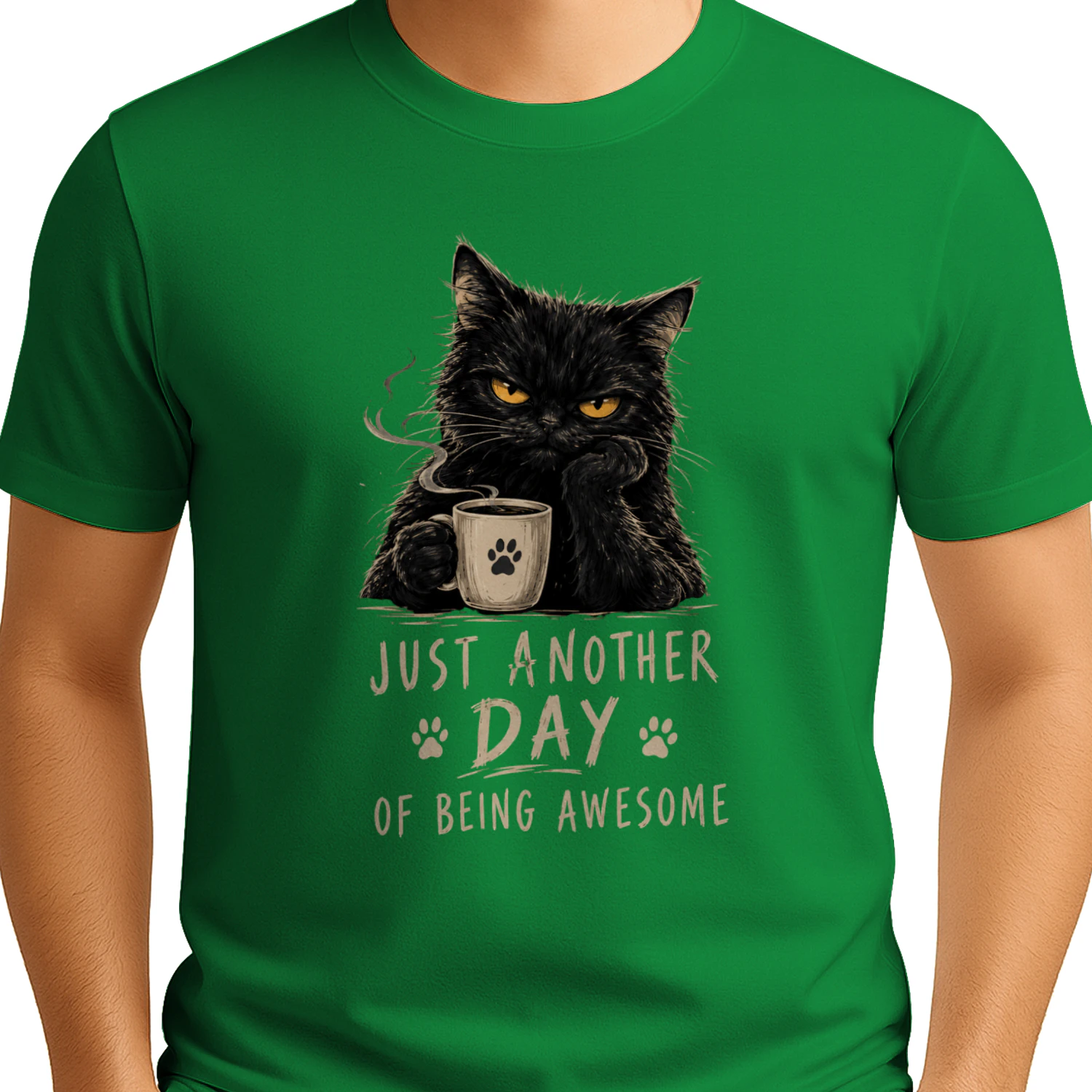 Funny Black Cat Drinking Coffee T-Shirt