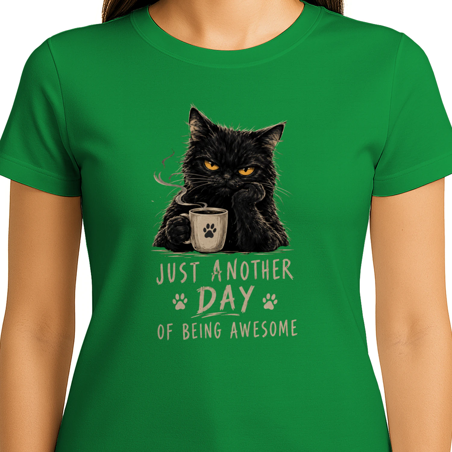 Funny Black Cat Drinking Coffee T-Shirt