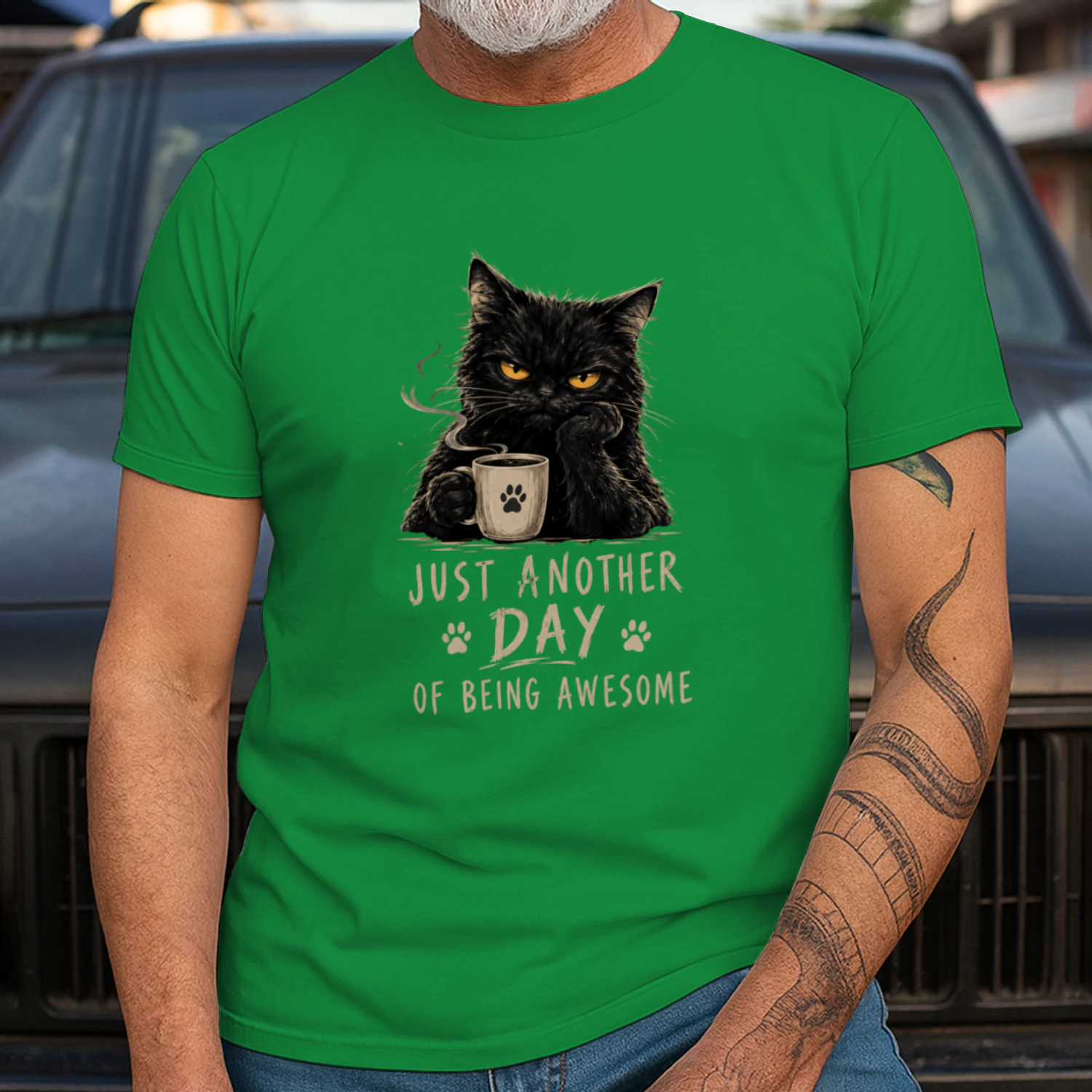Funny Black Cat Drinking Coffee T-Shirt