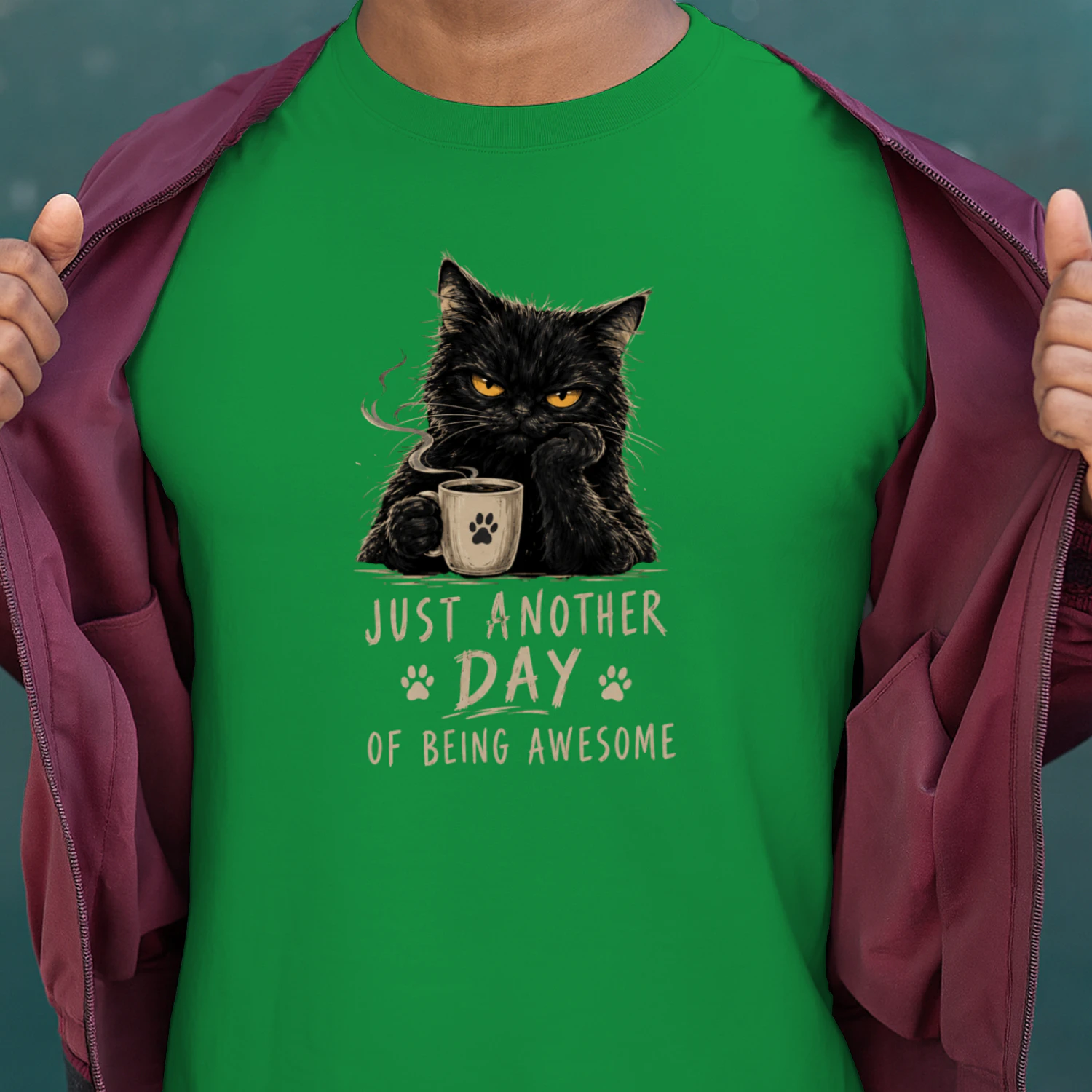Funny Black Cat Drinking Coffee T-Shirt