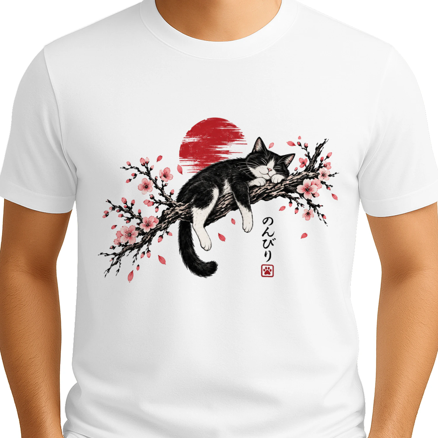 Japanese Style Cat Sleeping on Sakura Branch T-Shirt