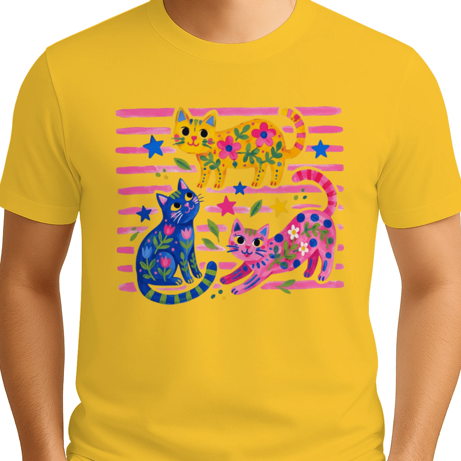 Colorful Floral Folk Art Cats T-Shirt