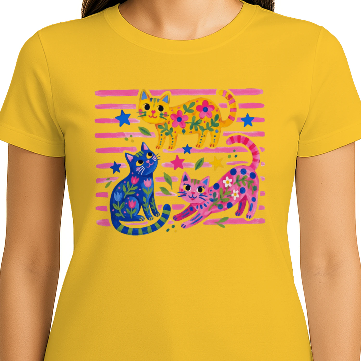 Colorful Floral Folk Art Cats T-Shirt