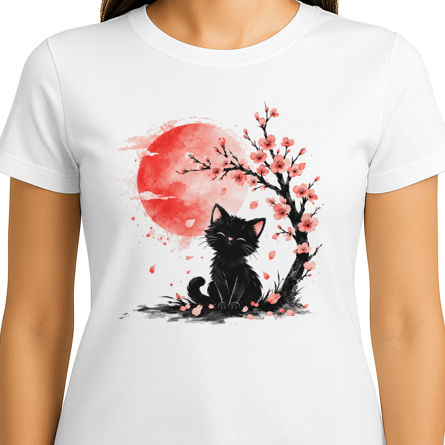 Cute Black Cat T-Shirt, Japanese Sakura Flowers & Red Moon Art Tee