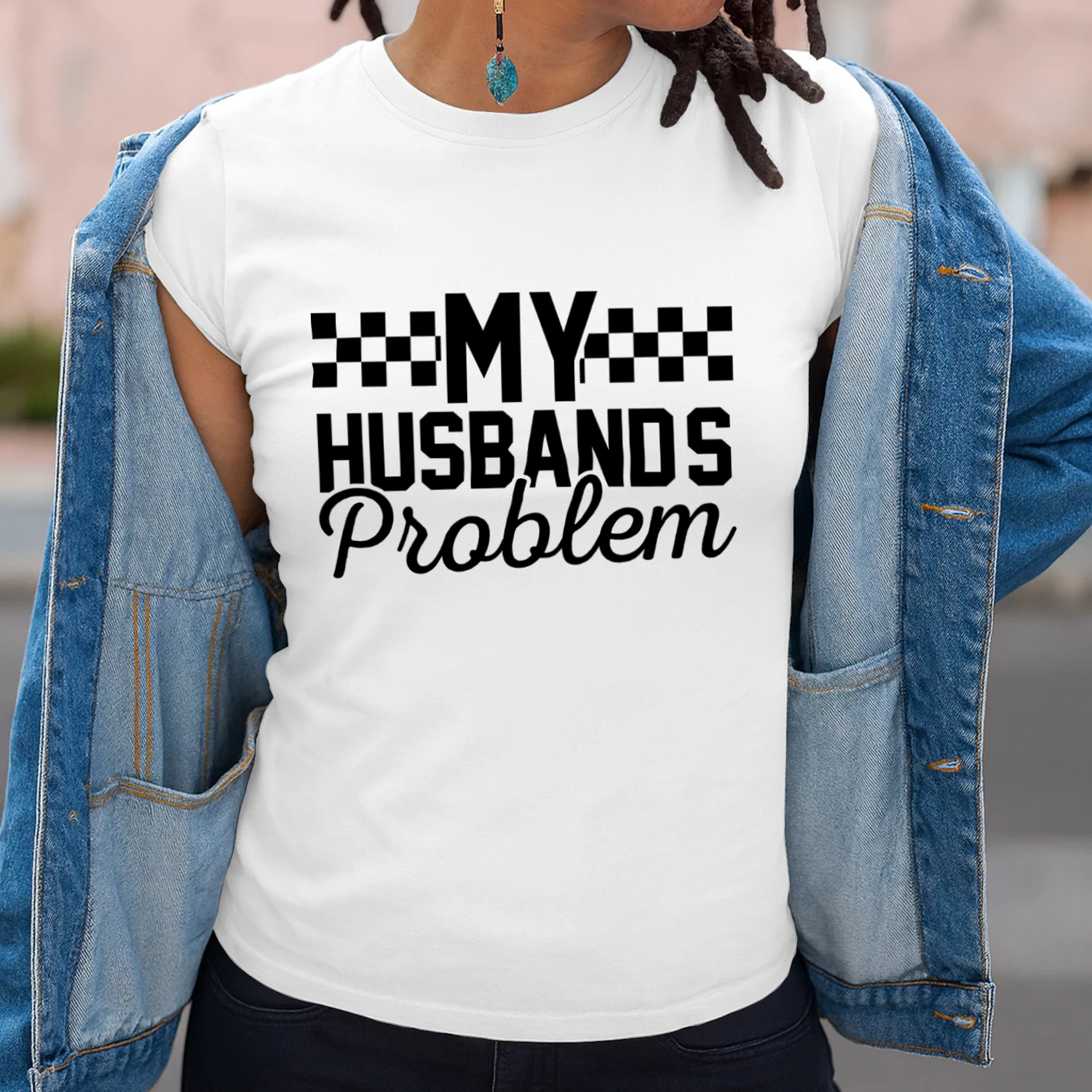 My Husband's Problem Racing Flag White Typography T-Shirt