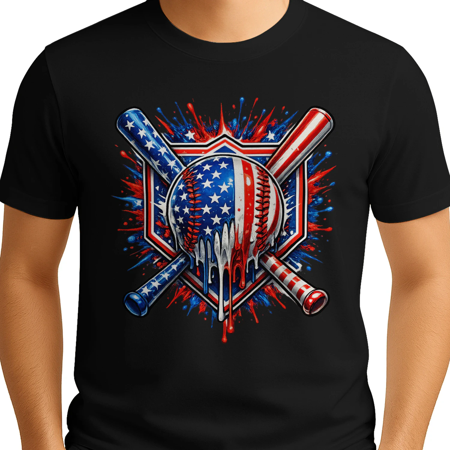 Patriotic USA Flag Baseball Drip Paint Splatter T-Shirt