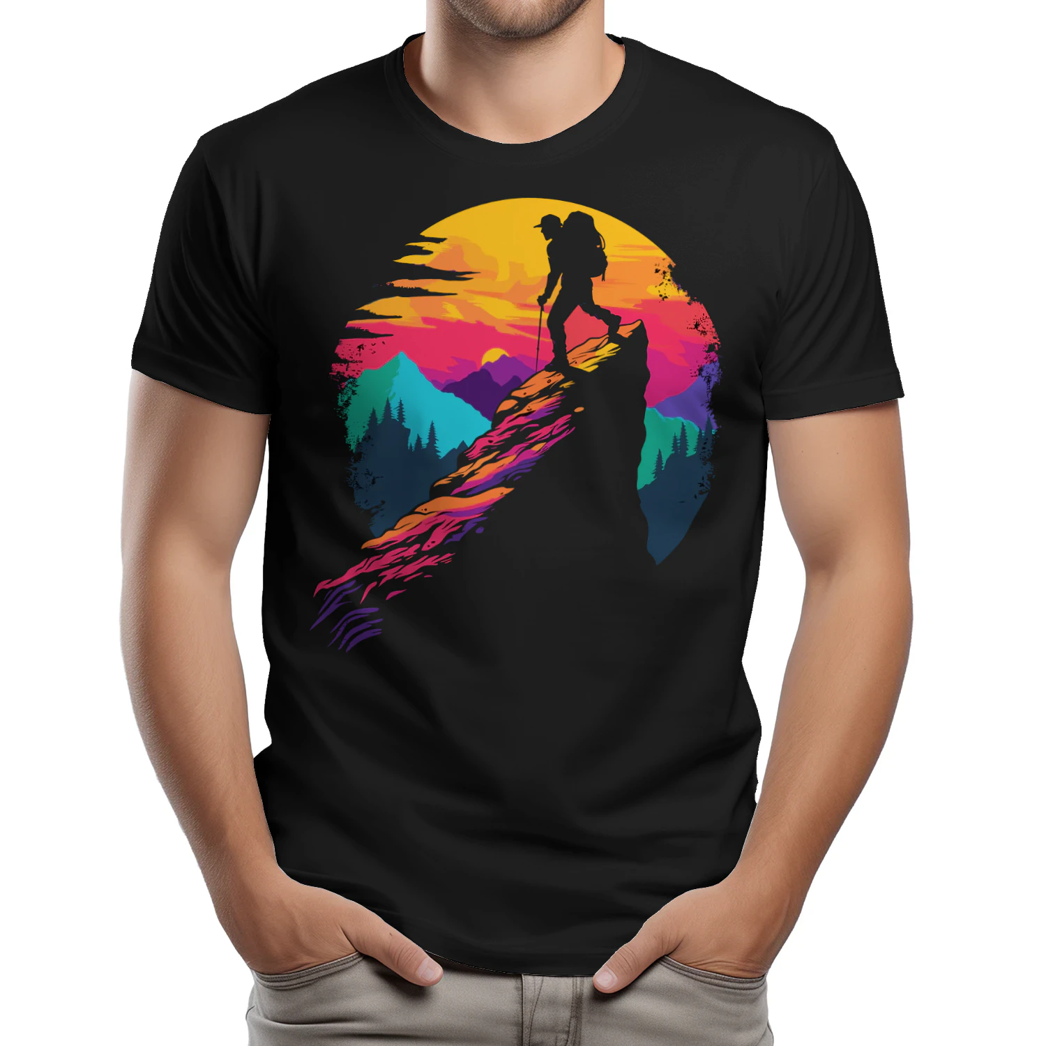 Colorful Mountain Hiker Graphic T-Shirt