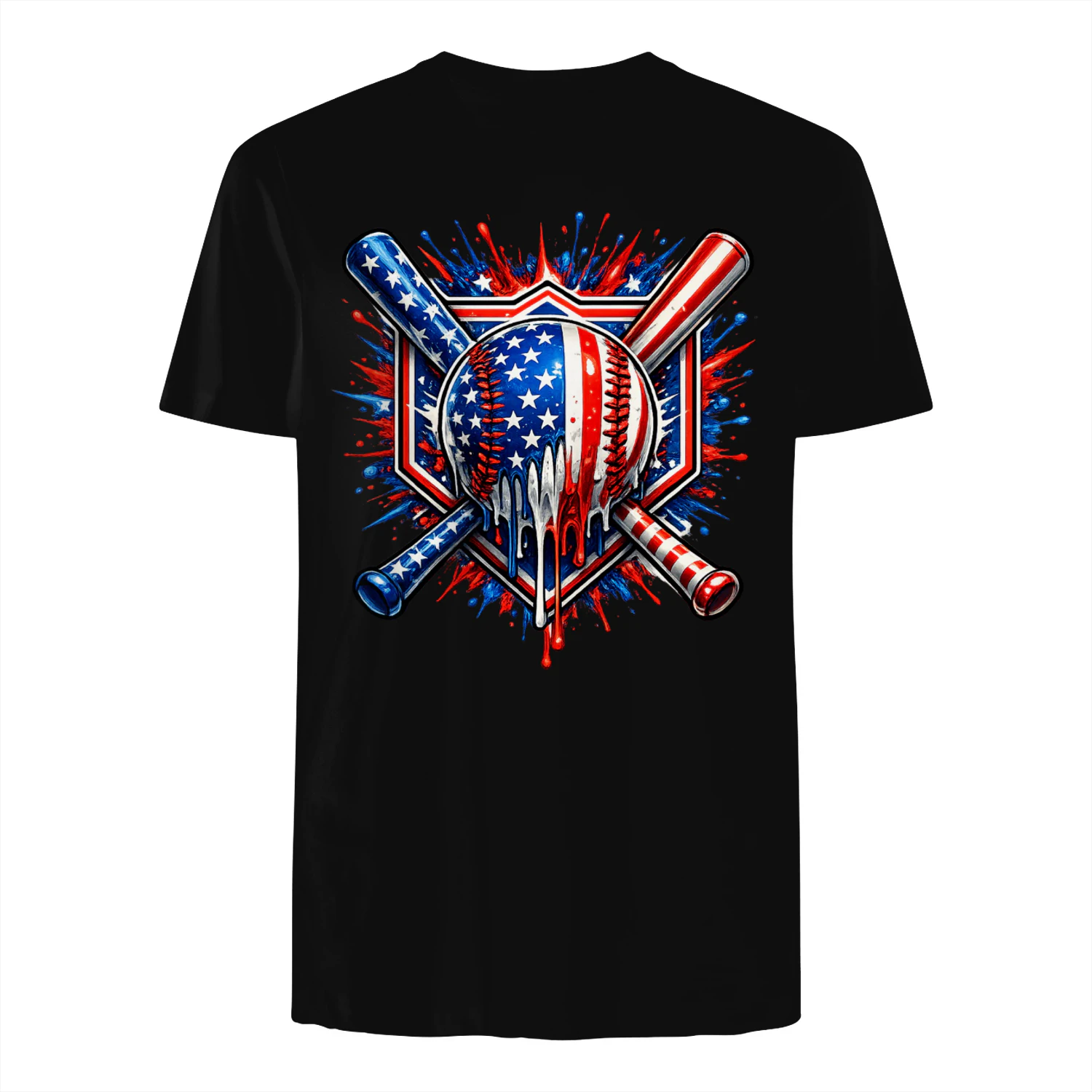 Patriotic USA Flag Baseball Drip Paint Splatter T-Shirt