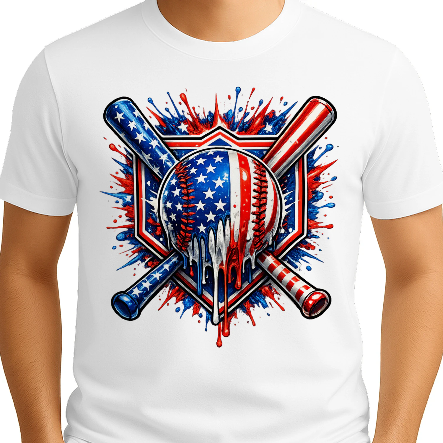Patriotic USA Flag Baseball Drip Paint Splatter T-Shirt